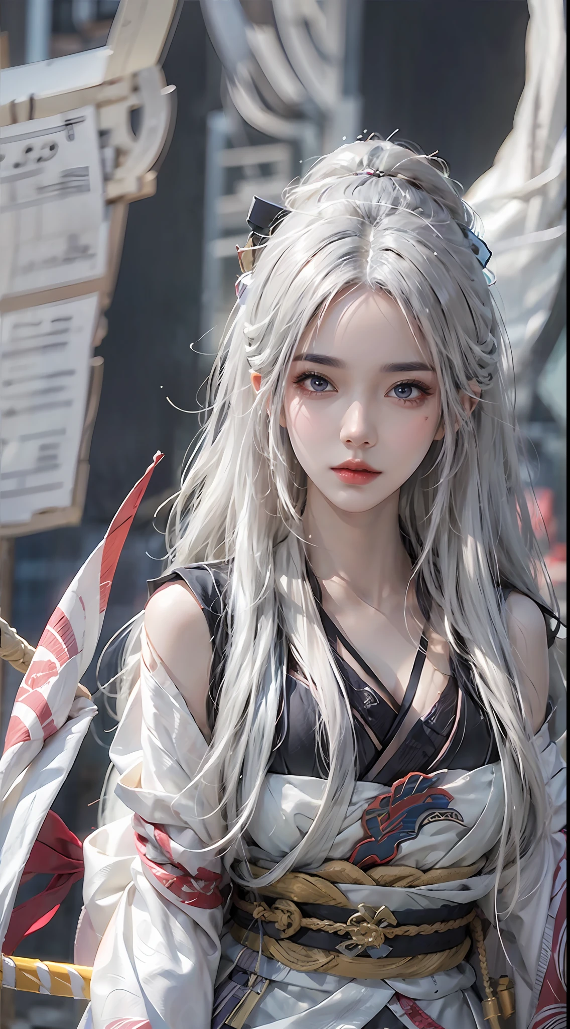 photorealistic, high resolution, 1 girl, white long hair, beautiful eyes, normal breast, raiden shogun costume