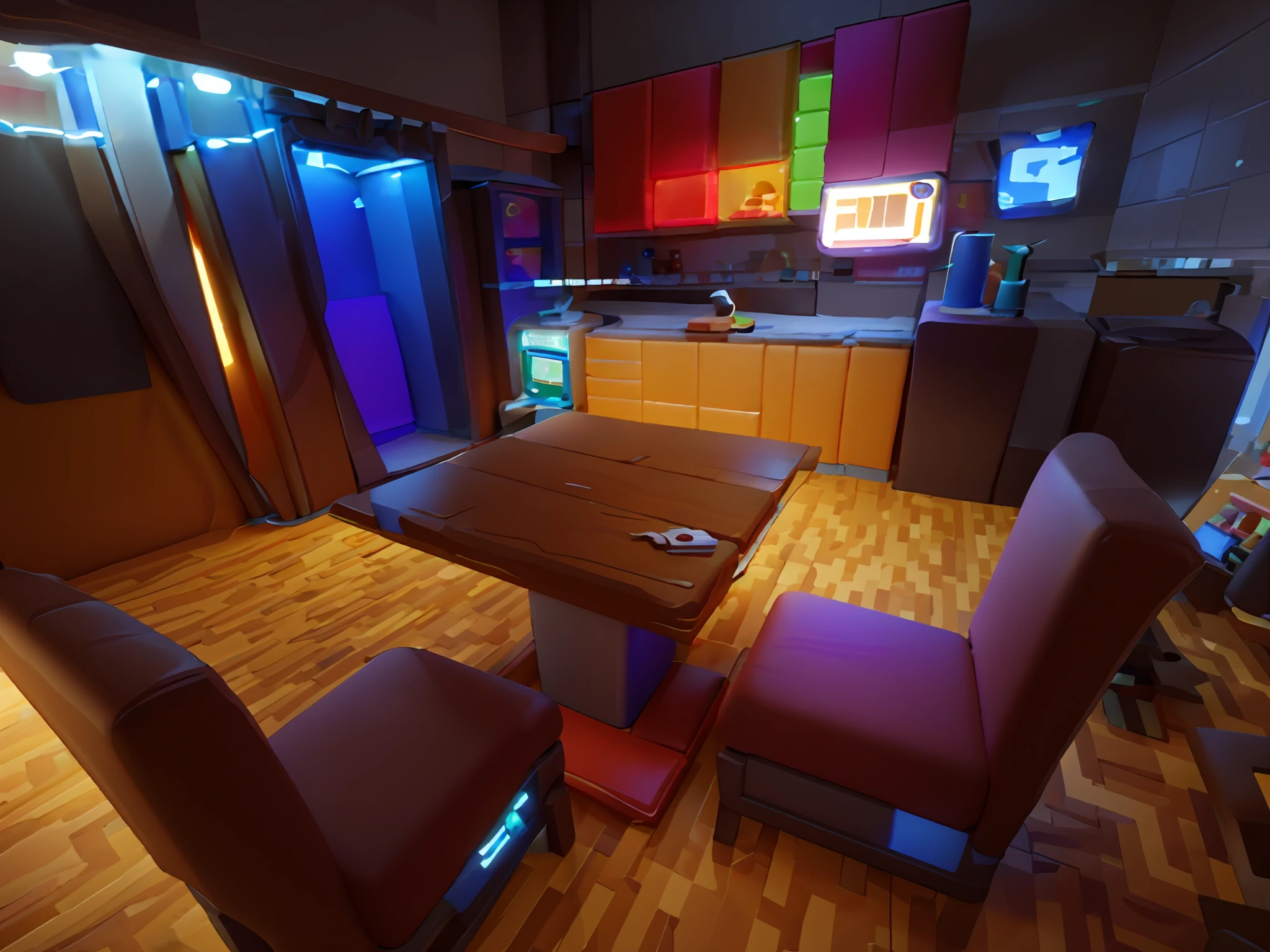 masterpiece, best quality, toon,3d, cyberpunk, arcade, bar, coffee shop