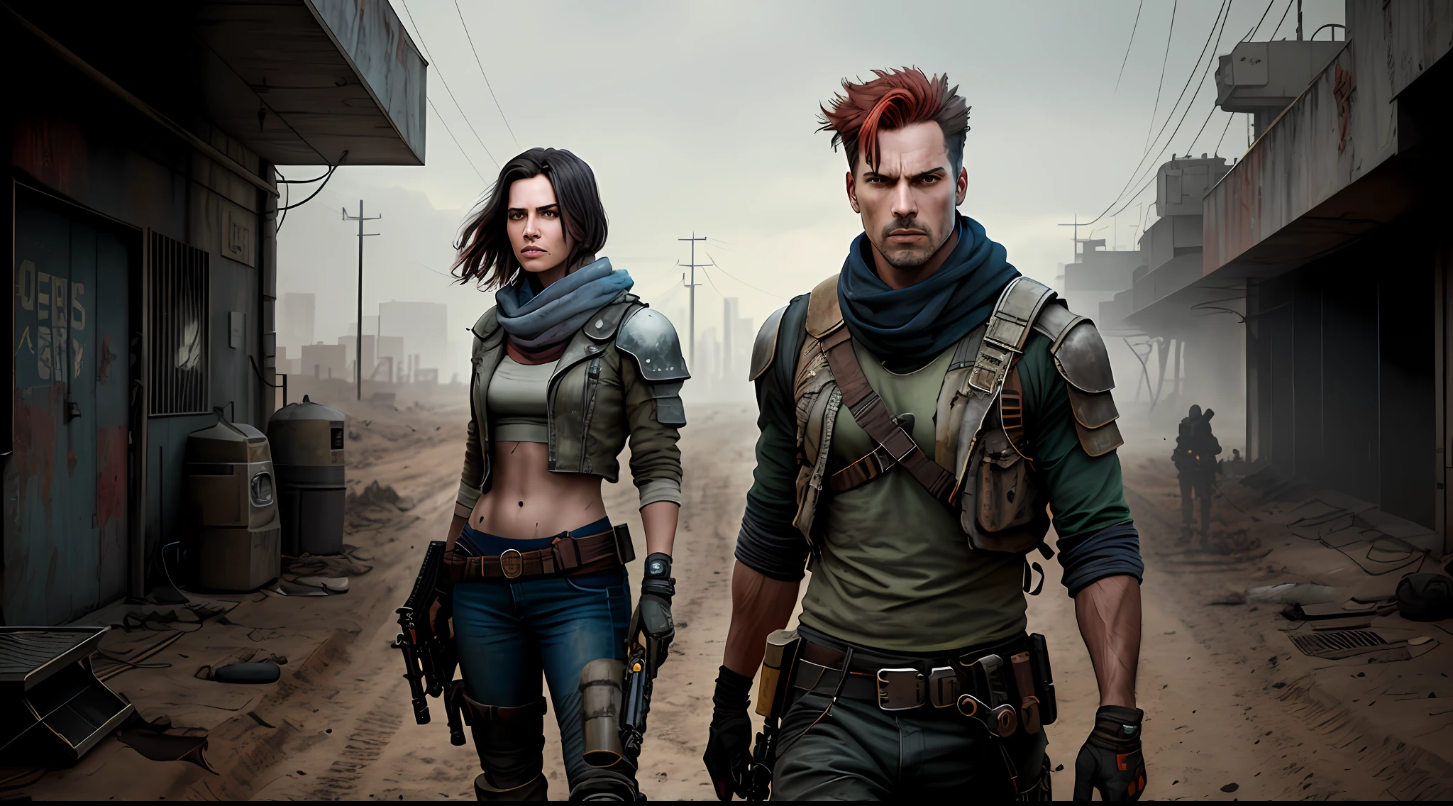 (dark shot:1.1),Wasteland breathing,epic realistic,beautiful portraits,madmax,femele,red tinted hair,with a well-proportioned body,prette,Crop topping,Gray scarf,Gatling gun,Desert background,Gradient silver、 blue colors、Gray and green color scheme,grunge aesthetic!!!graffiti tag wall background,Artwork by Greg Rutkowski and Artgerm,Soft cinematic light,Adobe Lightroom,photolab,hdr,iintricate,The is very detailed,(depth of fields:1.4),Faded,(com cores neutras:1.2),(hdr:1.4) ,(pastel colour:1.2),ultra - detailed,(art stations:1.4),cinematic ligh,warm lights,Dramaticlight,(Complicated details:1.1),the complex background,(rootkowski:0.66),(silverand orange:0.4)
