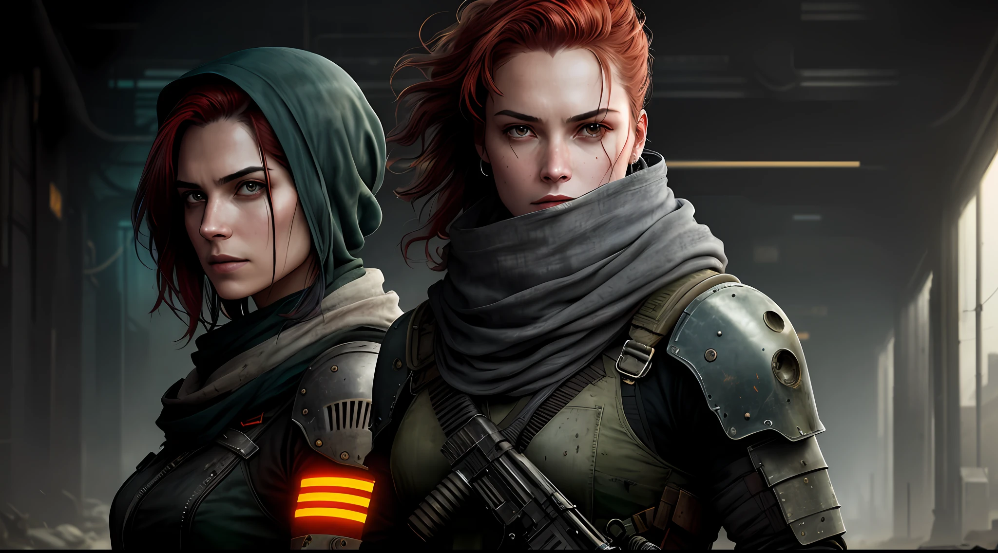 (dark shot:1.1),Wasteland breathing,epic realistic,beautiful portraits,madmax,femele,red tinted hair,with a well-proportioned body,prette,Crop topping,Gray scarf,Gatling gun,Desert background,Gradient silver、 blue colors、Gray and green color scheme,grunge aesthetic!!!graffiti tag wall background,Artwork by Greg Rutkowski and Artgerm,Soft cinematic light,Adobe Lightroom,photolab,hdr,iintricate,The is very detailed,(depth of fields:1.4),Faded,(com cores neutras:1.2),(hdr:1.4) ,(pastel colour:1.2),ultra - detailed,(art stations:1.4),cinematic ligh,warm lights,Dramaticlight,(Complicated details:1.1),the complex background,(rootkowski:0.66),(silverand orange:0.4)