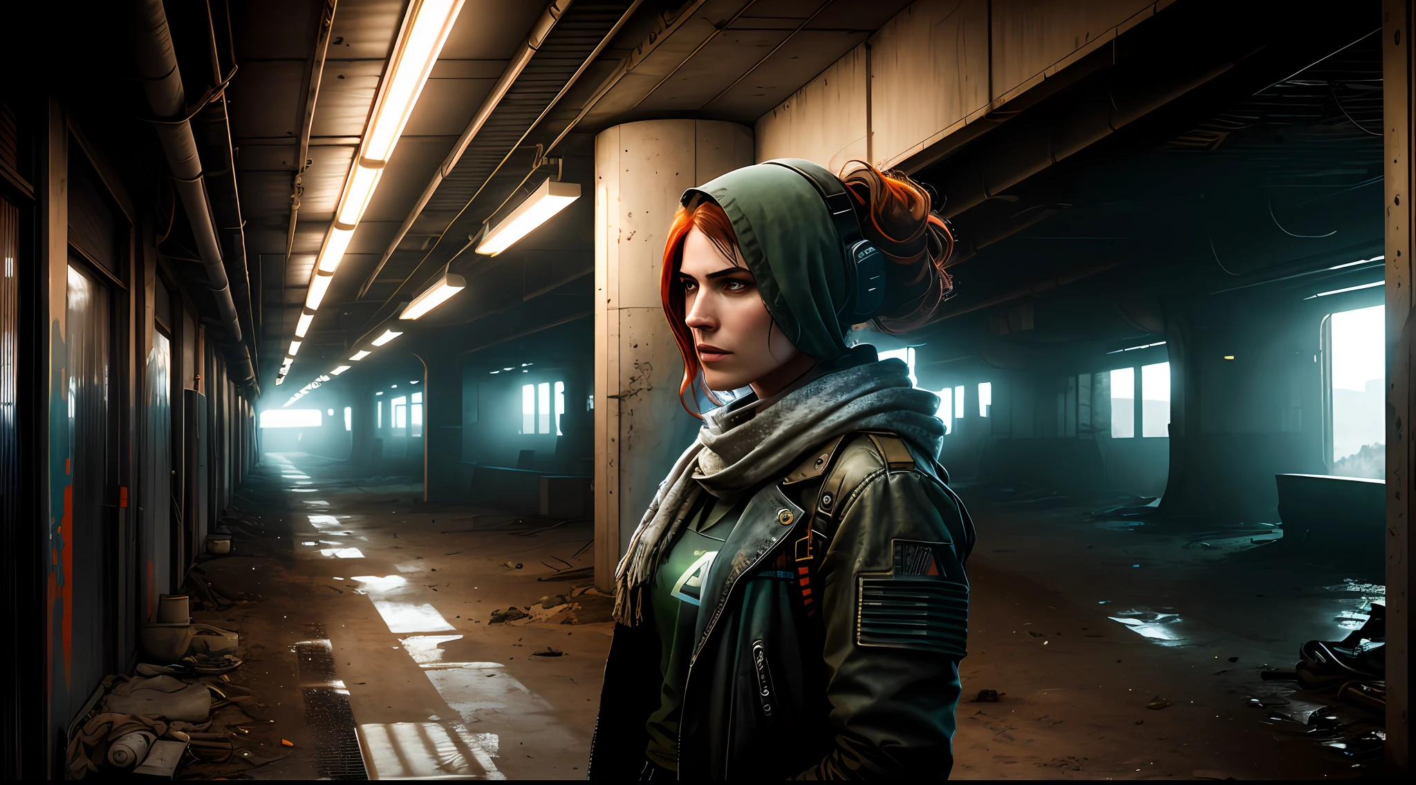 （dark shot：1.1），Wasteland breathing，epic realistic，beautiful portraits，madmax，femele，red tinted hair，with a well-proportioned body，prette，Crop topping，Gray scarf，Gatling gun，Desert background，Gradient silver、 blue colors、Gray and green color scheme，grunge aesthetic！！！graffiti tag wall background，Artwork by Greg Rutkowski and Artgerm，Soft cinematic light，Adobe Lightroom，photolab，hdr，iintricate，The is very detailed，（depth of fields：1.4），Faded，（com cores neutras：1.2），（hdr：1.4） ，（pastel colour：1.2），ultra - detailed，（art  stations：1.4），cinematic ligh，warm lights，Dramaticlight，（Complicated details：1.1），the complex background，（rootkowski：0.66），（silverand orange：0.4）