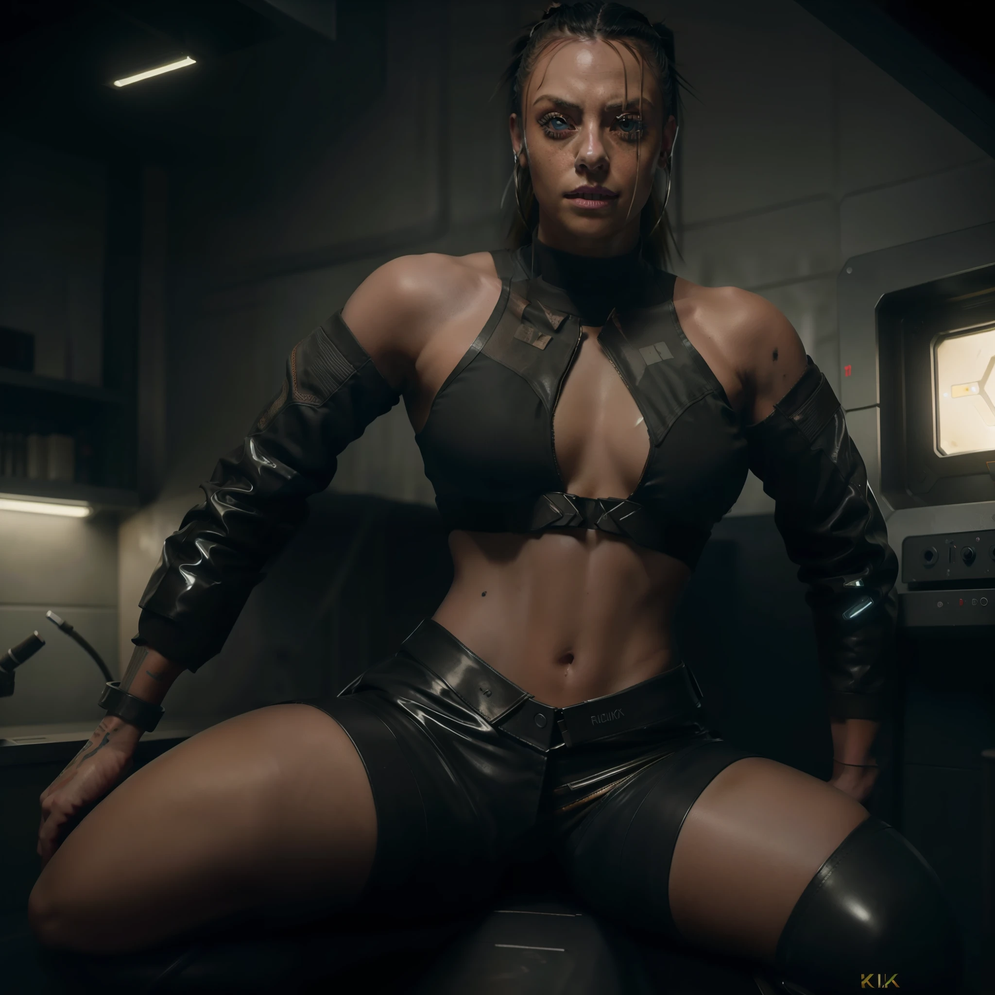 8k, ARTISTIC photography, best quality, masterpiece: 1.2), RAW photo, a (potrait:1.2) of a woman ,Cyberpunk in a room with wires and monitors, wearing white bomber jacket (((Liv Morgan WWE ))) (highly detailed skin:1.2), 8k uhd, dslr, soft lighting, high quality, film grain, Fujifilm XT3, staring at the camera in front, blonde hair, ((dynamic pose))) over-detailed face, beautiful body, toned body, white latex pants , 8k uhd, SLR camera, soft lighting, high quality, film grain, Arri Alexa mini , Cinematic lighting, octane render, cinematic lighting, complex, 8k resolution concept art portrait , edgerunner, blade runner, Cyberpunk 2077, hyperrealistic, photo awesome, gritty, realistic, (((pure 8K))), (((perfect anatomy))), extremely high-quality graphics, Riddley Scott, Blade Runner, Denis Villeneuve, (((cinematic lighting))), ((clear details)), complex, highly detailed background,