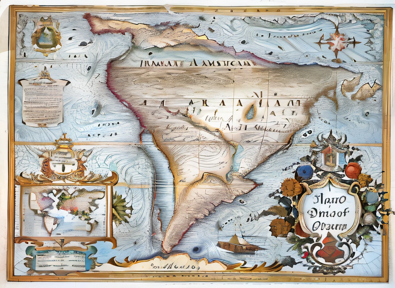 a close up of a map of the americas with a picture of a ship, 1 8 th century south america, 1 7 0 0 s atlas, 17th-century, ancient map, by Jakob Emanuel Handmann, 1 6 th century, 16th century, 1 7 th century, 17th century, panel, by Francisco de Holanda --auto