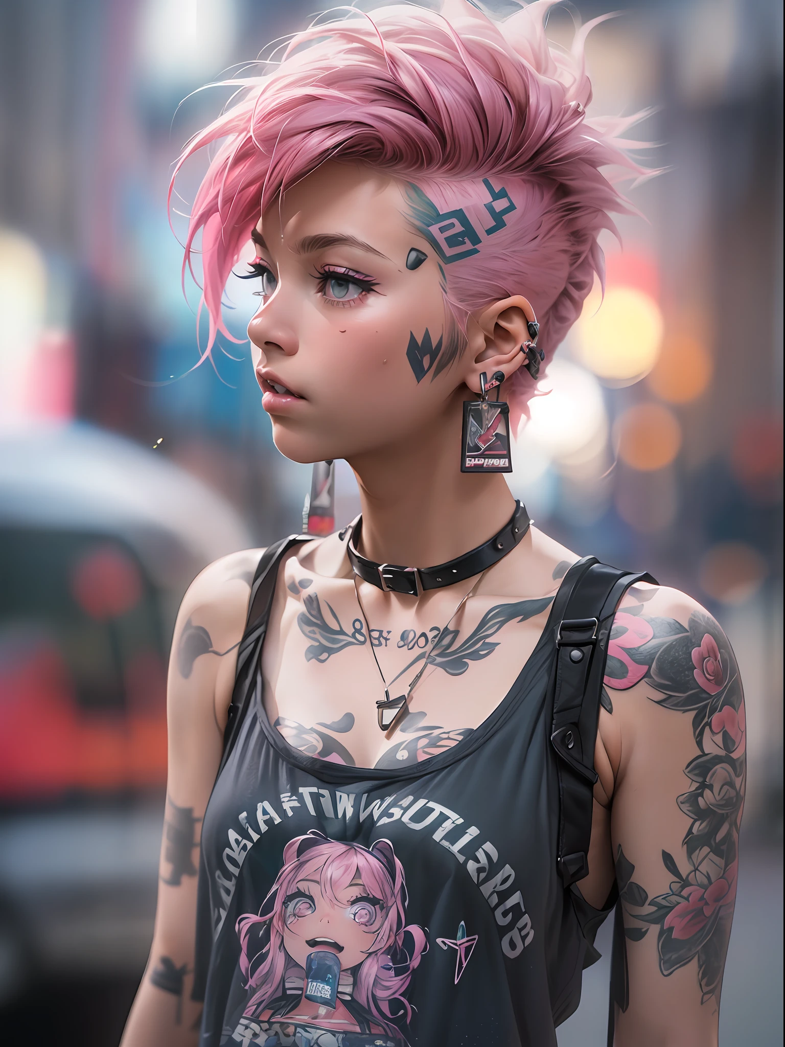 Cute 18 year old punk girl,、(top-quality、in 8K、32K、masterpiece、nffsw:1.3)、(Photorealsitic:1.4),A pink-haired,punk fashion,Tank Tops、Downtown District Background、Backlight effect、depth of fields,blurry backround,Fancy makeup,Wacky punk hair,、Tattoos on the body,、