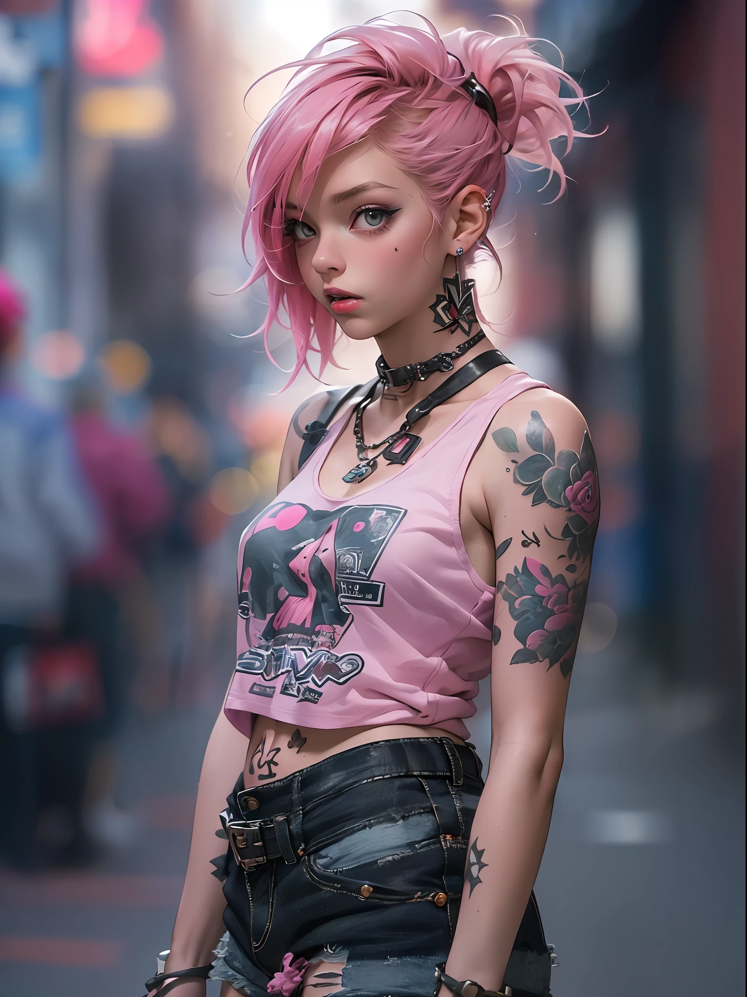 Cute 18 year old punk girl,、(top-quality、in 8K、32K、​masterpiece、nffsw:1.3)、(Photorealsitic:1.4),A pink-haired,punk fashion,Tank Tops、Downtown District Background、Backlight effect、depth of fields,blurry backround,Fancy makeup,Wacky punk hair,、Tattoos on the body,、