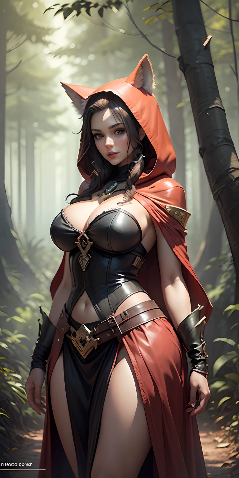 Red Riding Hood and the Big Bad Wolf, big breasts, frontal, full-length, looking at the camera, facing the audience, standing pose, forest background, three-dimensional light, detailed full-body concept, sleek digital concept art, beautiful full-body concept art, art trend, CGsociety full-length,