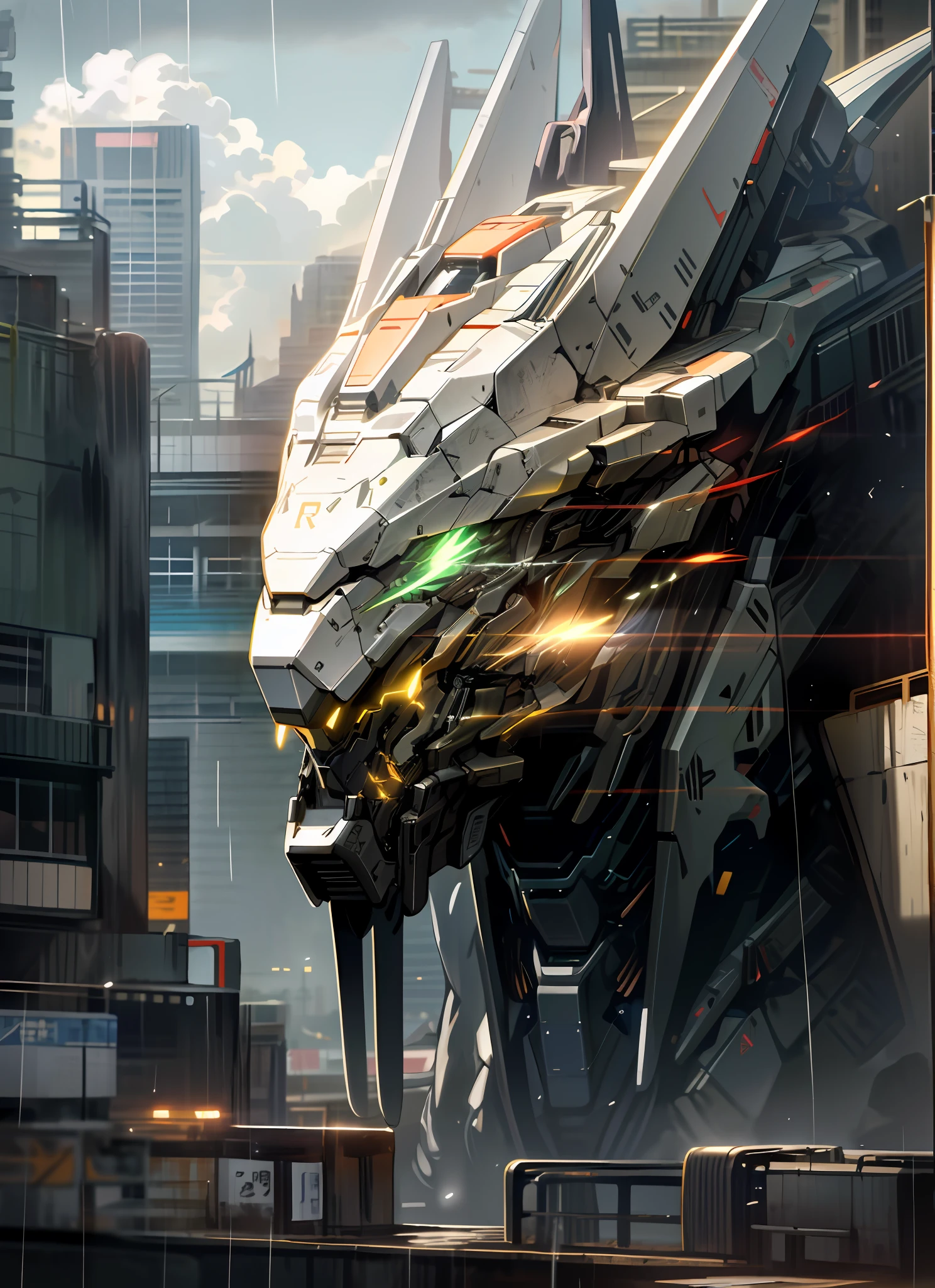 sky, cloud, no_humans, glowing, , animal as robot, Zoids, building, glowing_eyes, mecha, science_fiction, city, rainy, realistic,mecha