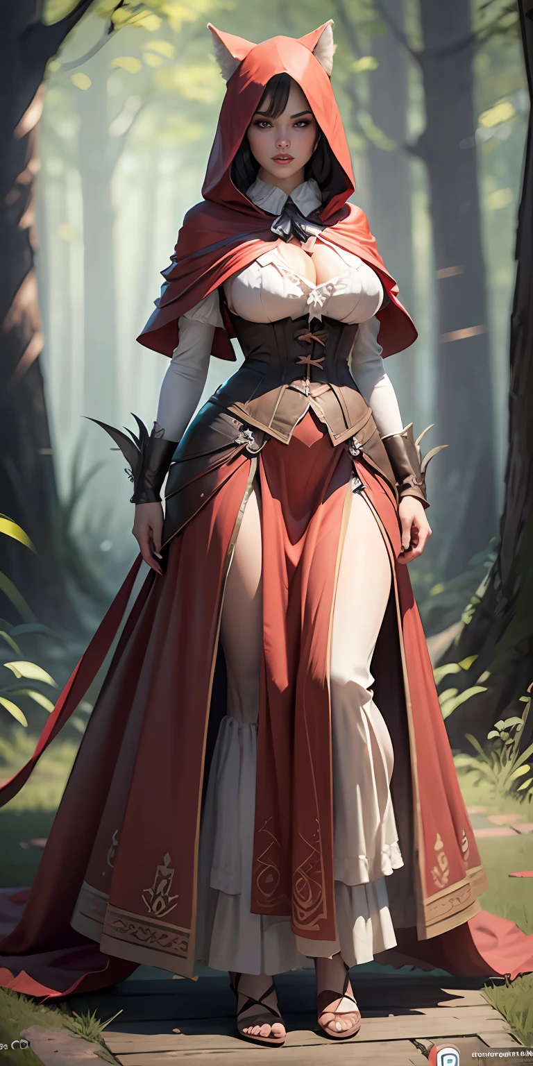 Red Riding Hood becoming the Big Bad Wolf, big breasts, frontal, full-length, looking at the camera, facing the audience, standing pose, cottage background, three-dimensional light, detailed full-body concept, sleek digital concept art, beautiful full-body concept art, art trend, CGsociety full-length,