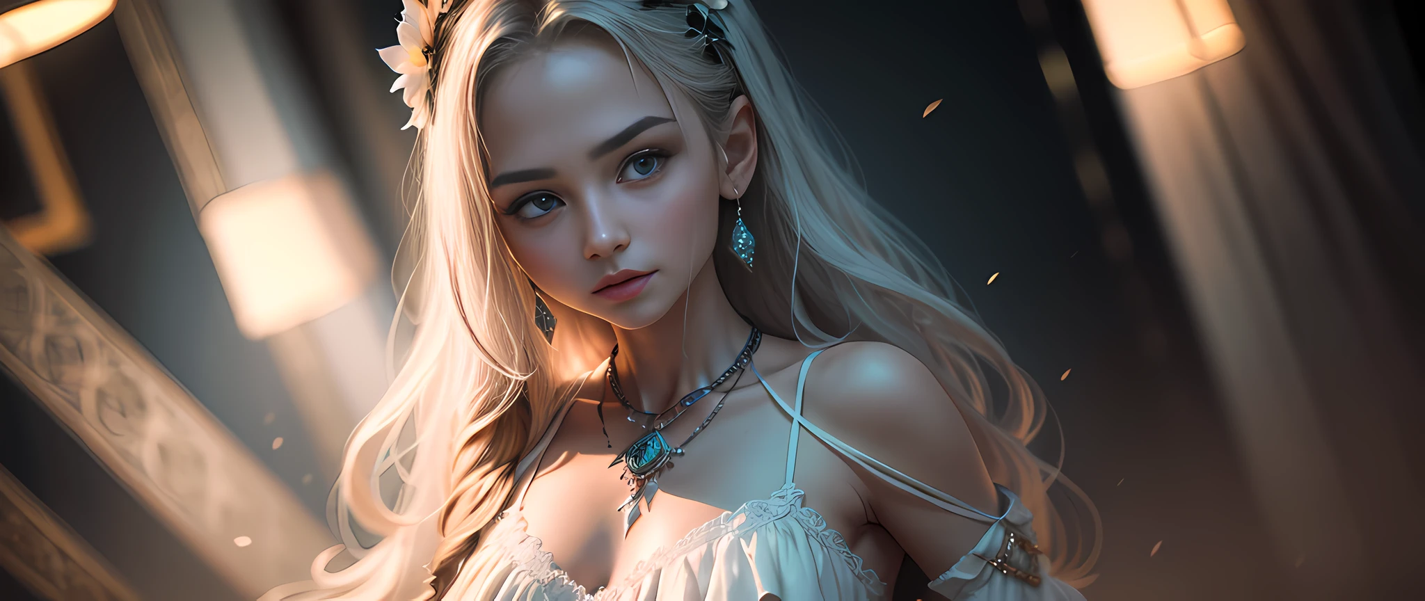 best quality, masterpiece, highres, 1girl, porcelain dress, hair ornament, necklace, jewelry, beautiful face, upon_body, tyndall effect, photorealistic, dark studio, edge lighting, two-tone lighting, (high detail skin: 1.2), 8k UHD, DSLR, soft lighting, high quality, volumetric lighting, candida, photography, high resolution, 4k, 8k, Bokeh, --auto