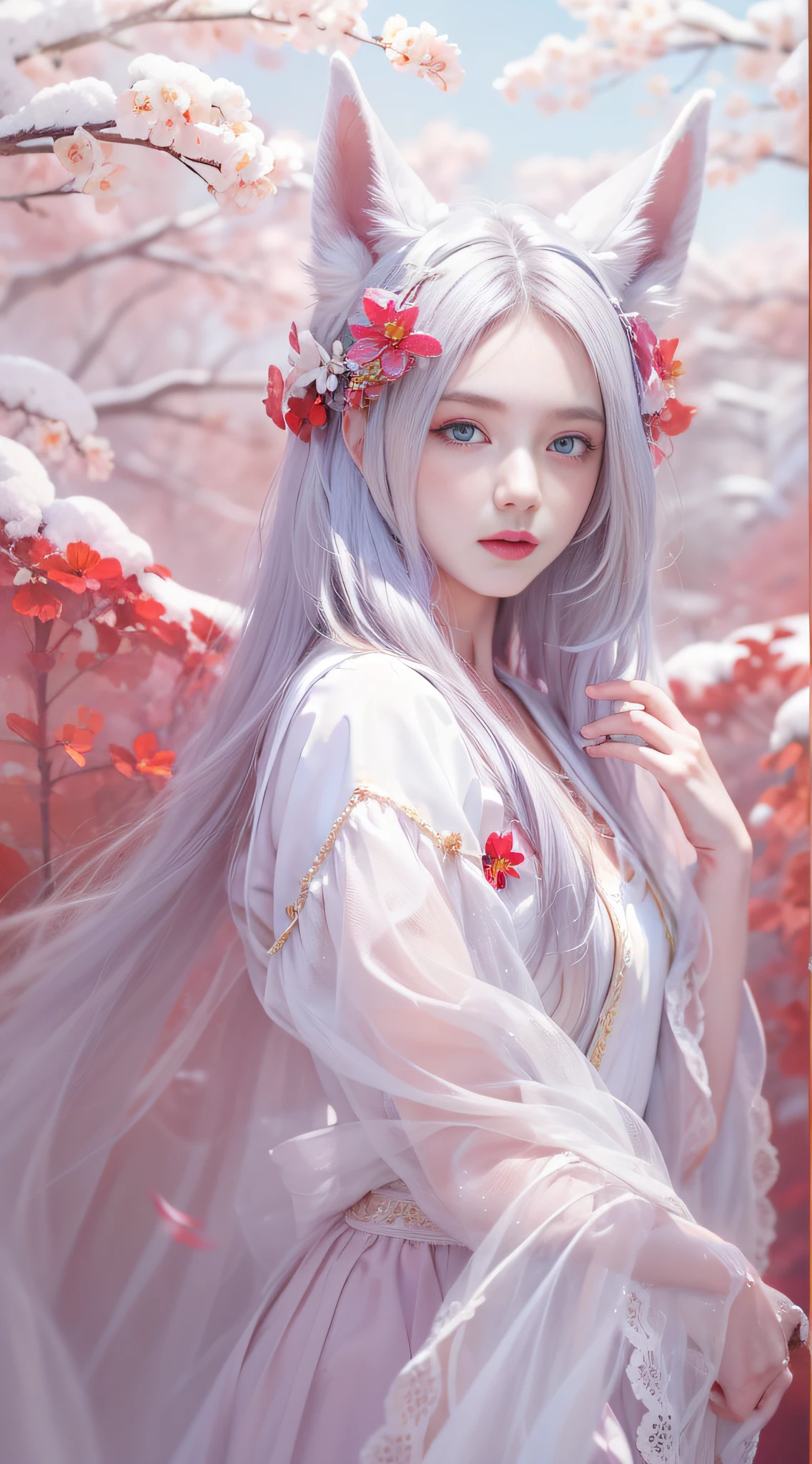 A beautiful maiden,with long straight hair,White fox ears,Seductive eyes,full bodyesbian,dancing posture,White and red,webcam photography,Flowing costumes,Dreamy and hazy beauty,snowflower,Realistic impressions,soothing tones,pastel colour