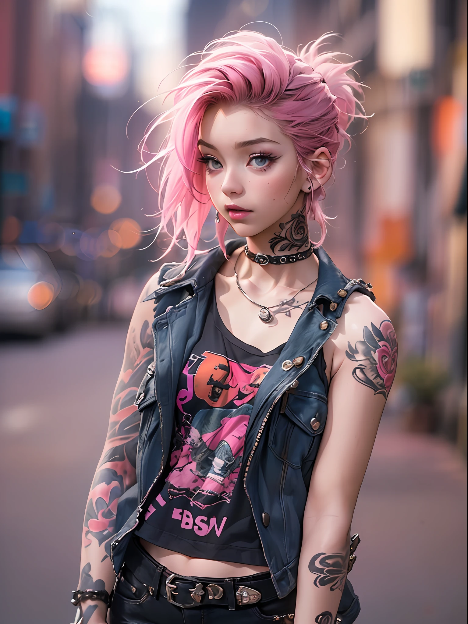 18-year-old punk girl,cute little、(top-quality、in 8K、32K、​masterpiece、nffsw:1.3)、(Photorealsitic:1.4),Fancy makeup,Wacky punk hair,punk fashion,Tank Tops、A pink-haired,、Tattoos on the body,、Downtown District Background、Backlight effect、depth of fields,blurry backround,