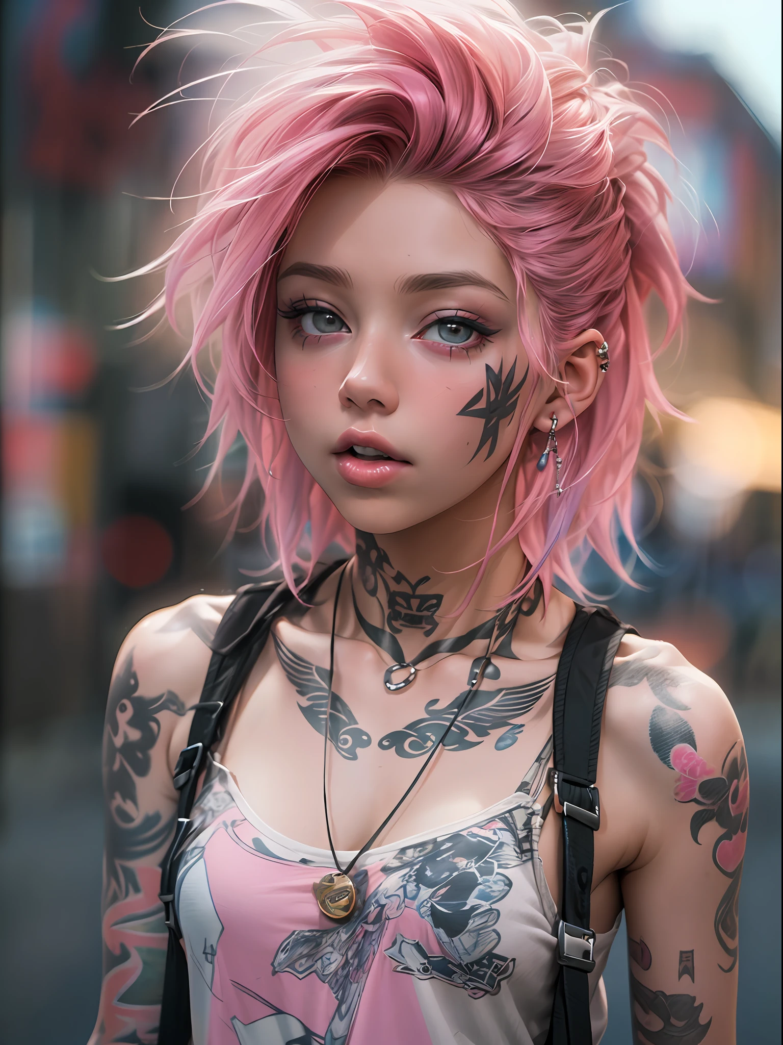 Cute 18 year old punk girl,、(top-quality、in 8K、32K、masterpiece、nffsw:1.3)、(Photorealsitic:1.4),A pink-haired,punk fashion,Tank Tops、Downtown District Background、Backlight effect、depth of fields,blurry backround,Fancy makeup,Wacky punk hair,、Tattoos on the body,、