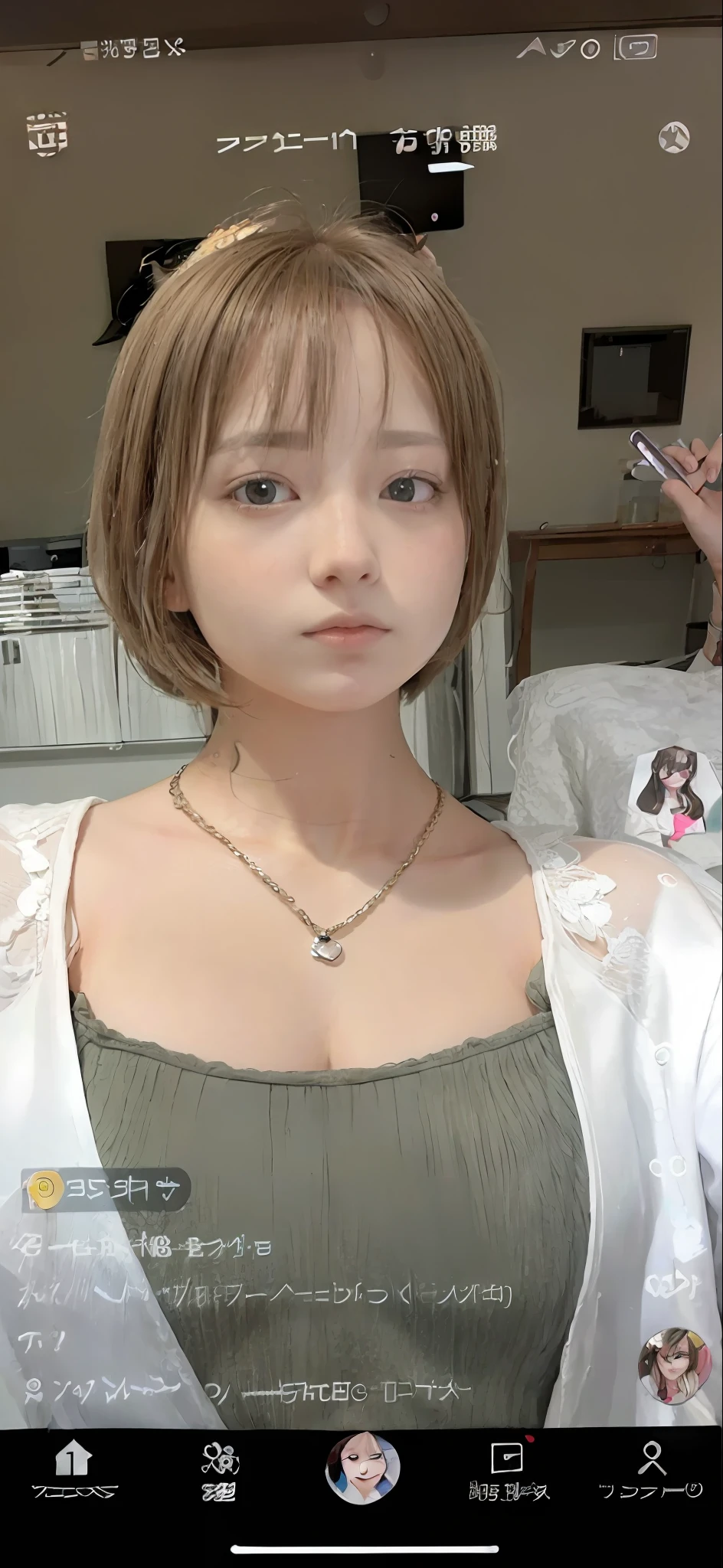 a close up of a person with a cell phone in their hand, realistic anime 3 d style, With short hair, 8K selfie photo, photorealistic anime, 3 d anime realistic, Highly realistic. live cam, live2d virtual youtuber model, Hyper realistic anime, real life anime girl, kawaii realistic portrait, very beautiful cute catgirl, Korean Girl
