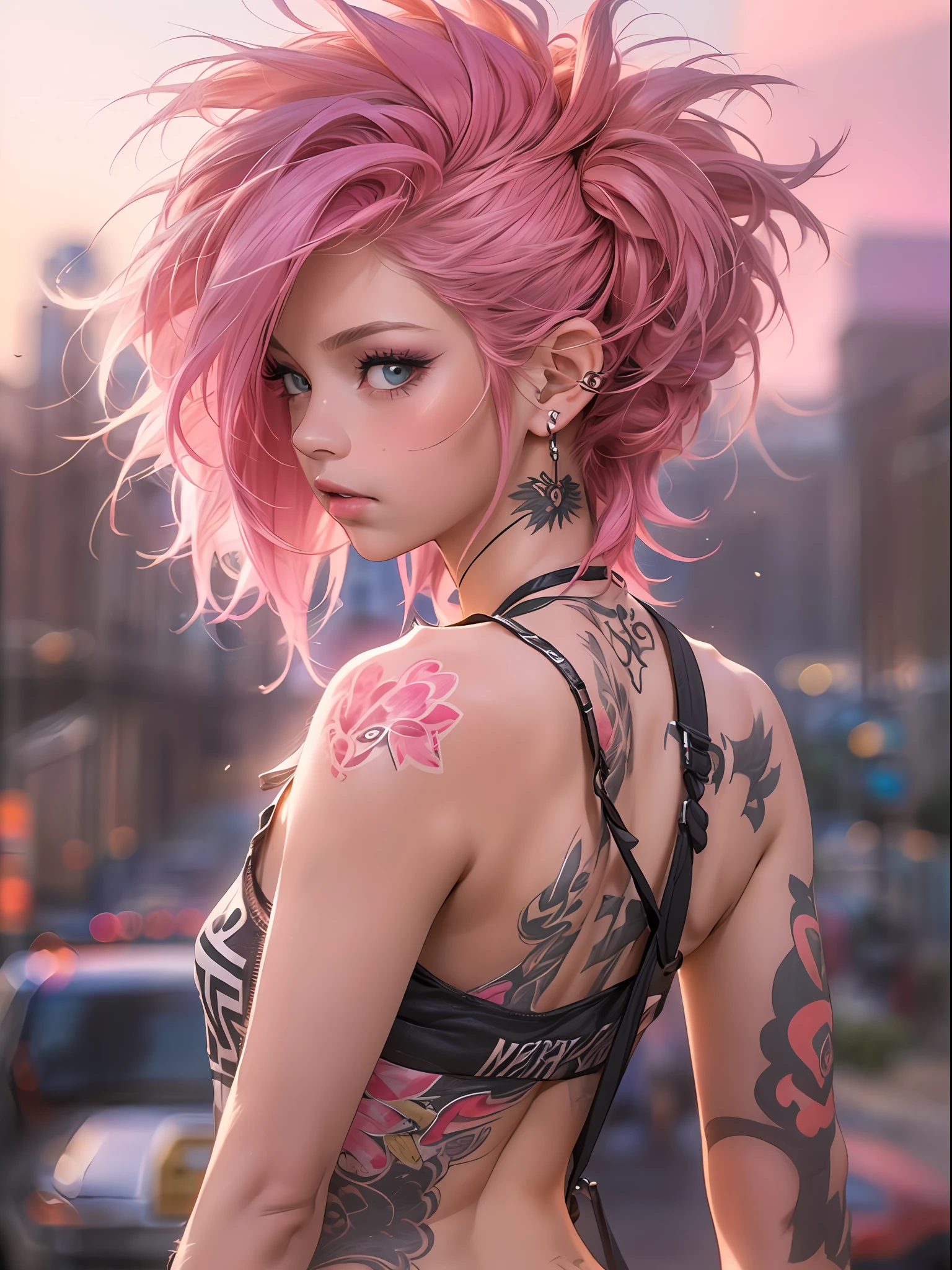 18-year-old punk girl,cute little、(top-quality、in 8K、32K、​masterpiece、nffsw:1.3)、(Photorealsitic:1.4),Fancy makeup,Wacky punk hair,punk fashion,Tank Tops、A pink-haired,、Tattoos on the body,、Downtown District Background、Backlight effect、depth of fields,blurry backround,