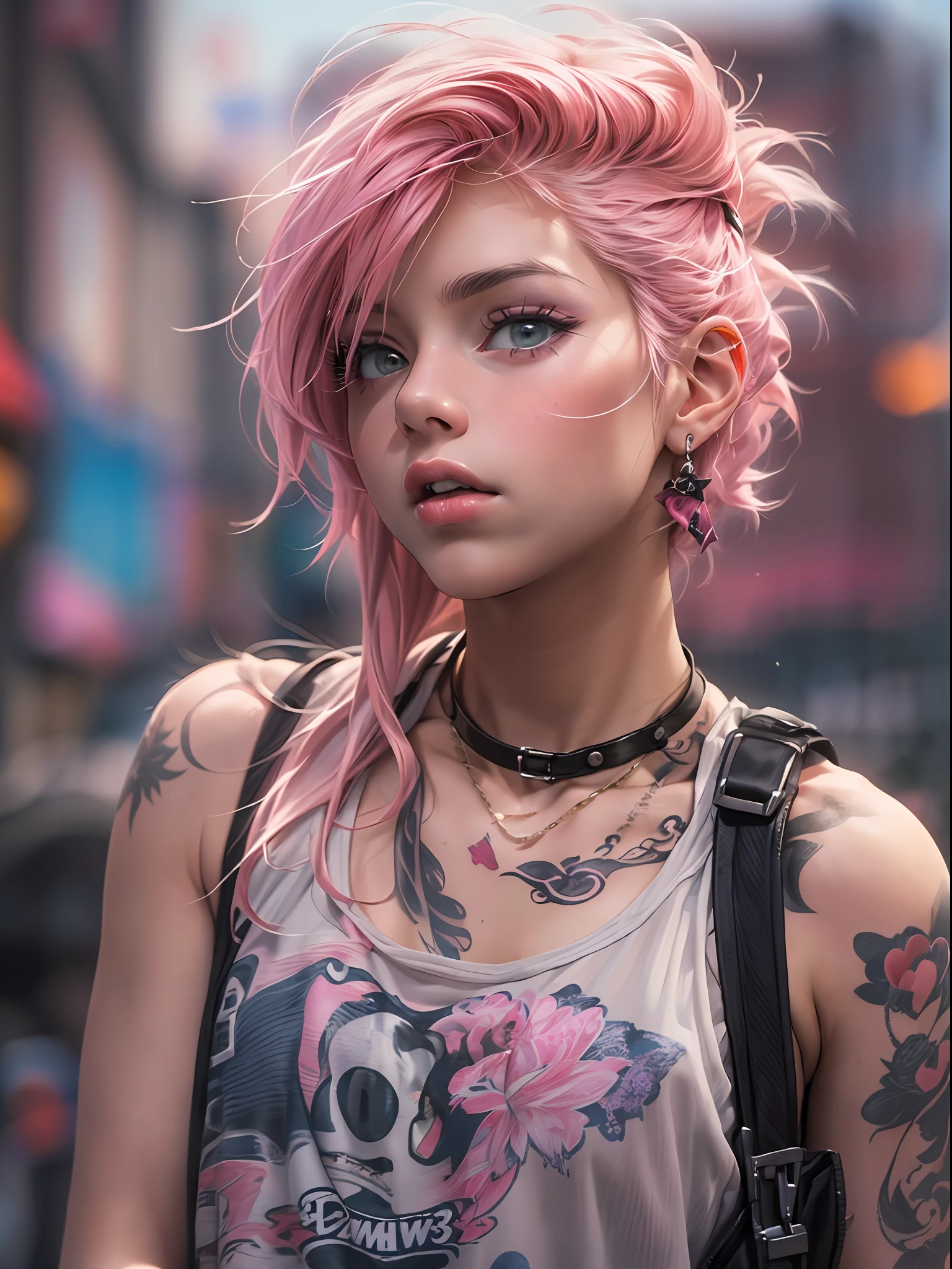 18-year-old punk girl,cute little、(top-quality、in 8K、32K、​masterpiece、nffsw:1.3)、(Photorealsitic:1.4),Fancy makeup,Wacky punk hair,punk fashion,Tank Tops、A pink-haired,、Tattoos on the body,、Downtown District Background、Backlight effect、depth of fields,blurry backround,