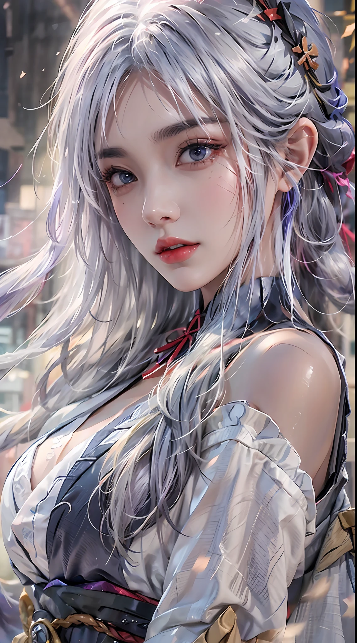 photorealistic, high resolution, 1 girl, white long hair, beautiful eyes, normal breast, raiden shogun costume