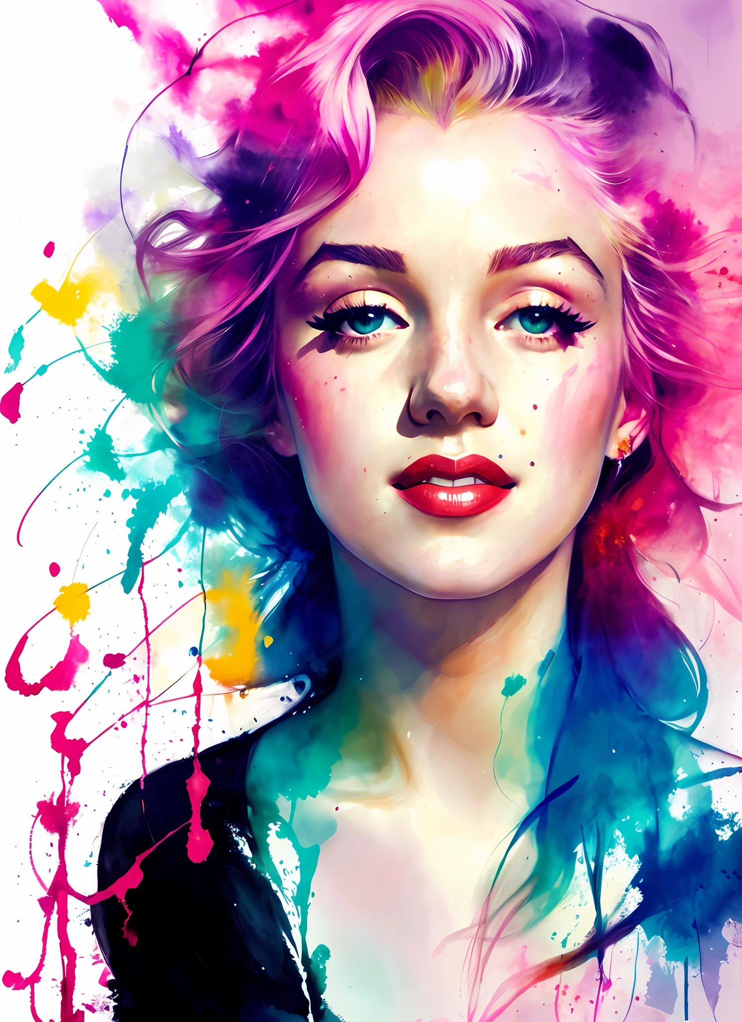 a painting by mse Marilyn Monroe by agnes cecile,1 girl, solo, luminous design, pastel colours, mute color,  ink drips, autumn lights