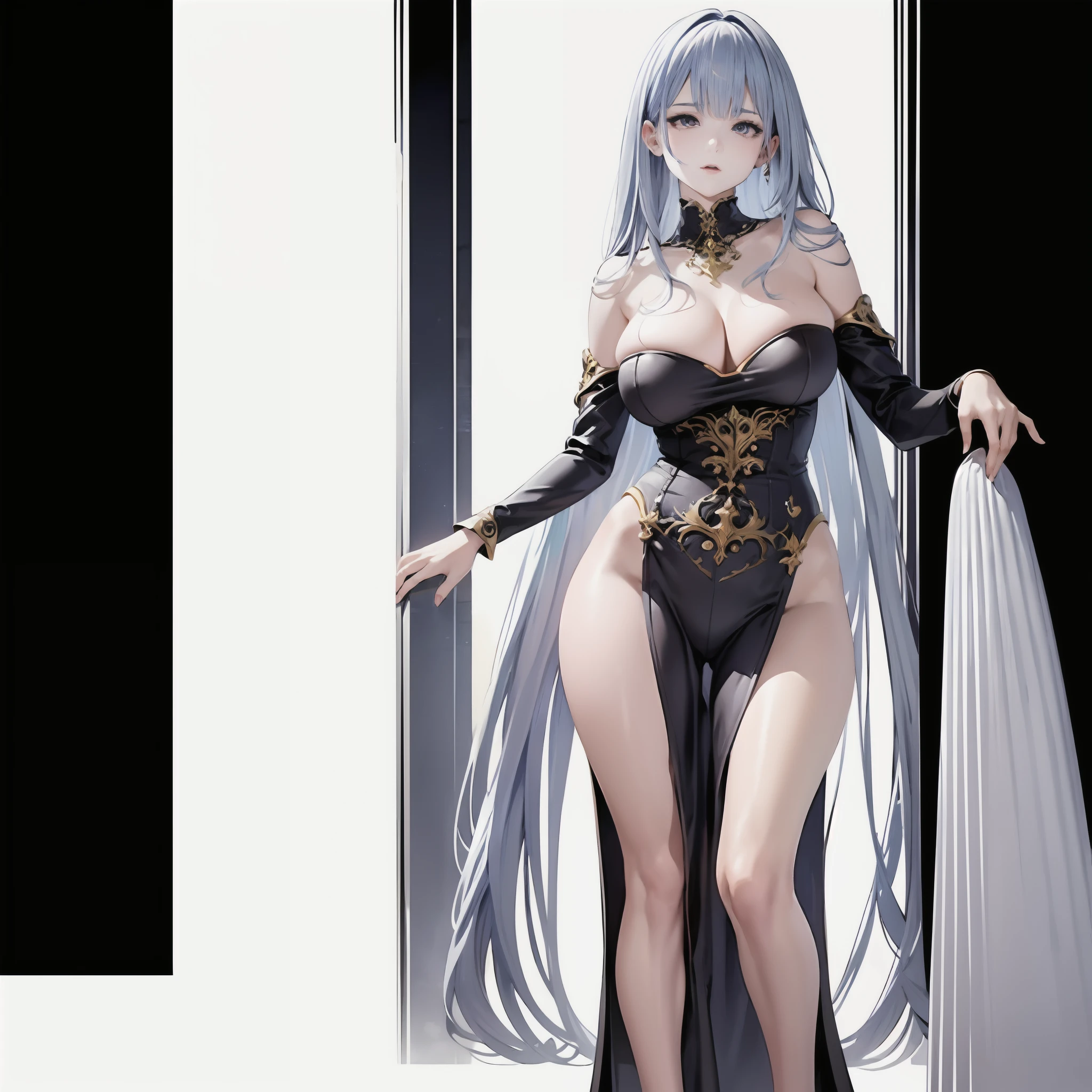 illustration art,Whole body movement,Sexy woman in black,Soprano woman,Very cool facial expression,ornate backdrop,Great erotic art,line art,Sexy art,Detailed body part details,long leges,Epic illustration