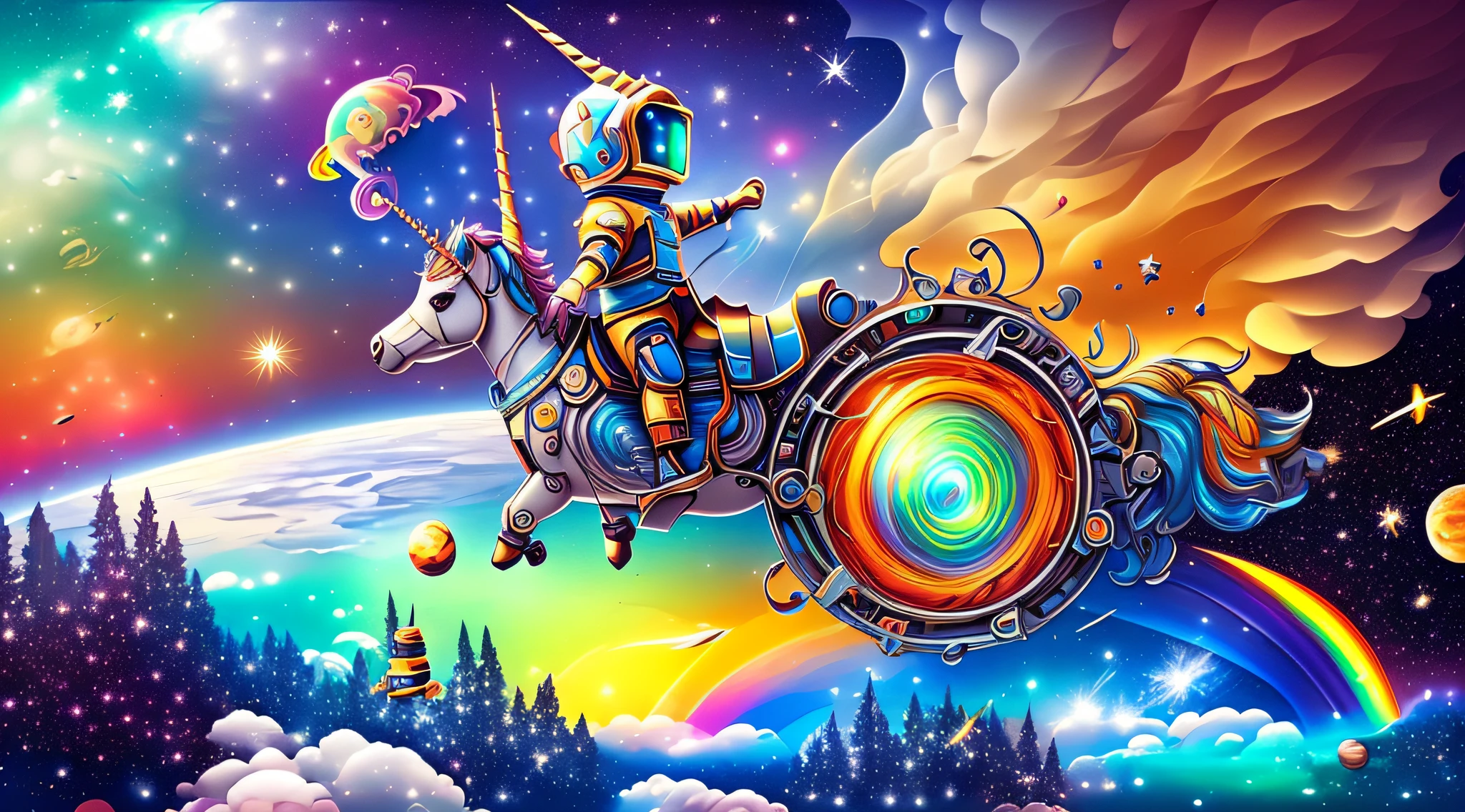Child riding a robot unicorn in space,Soar the universe,rainbowing,stars,ufos,High-quality masterpieces