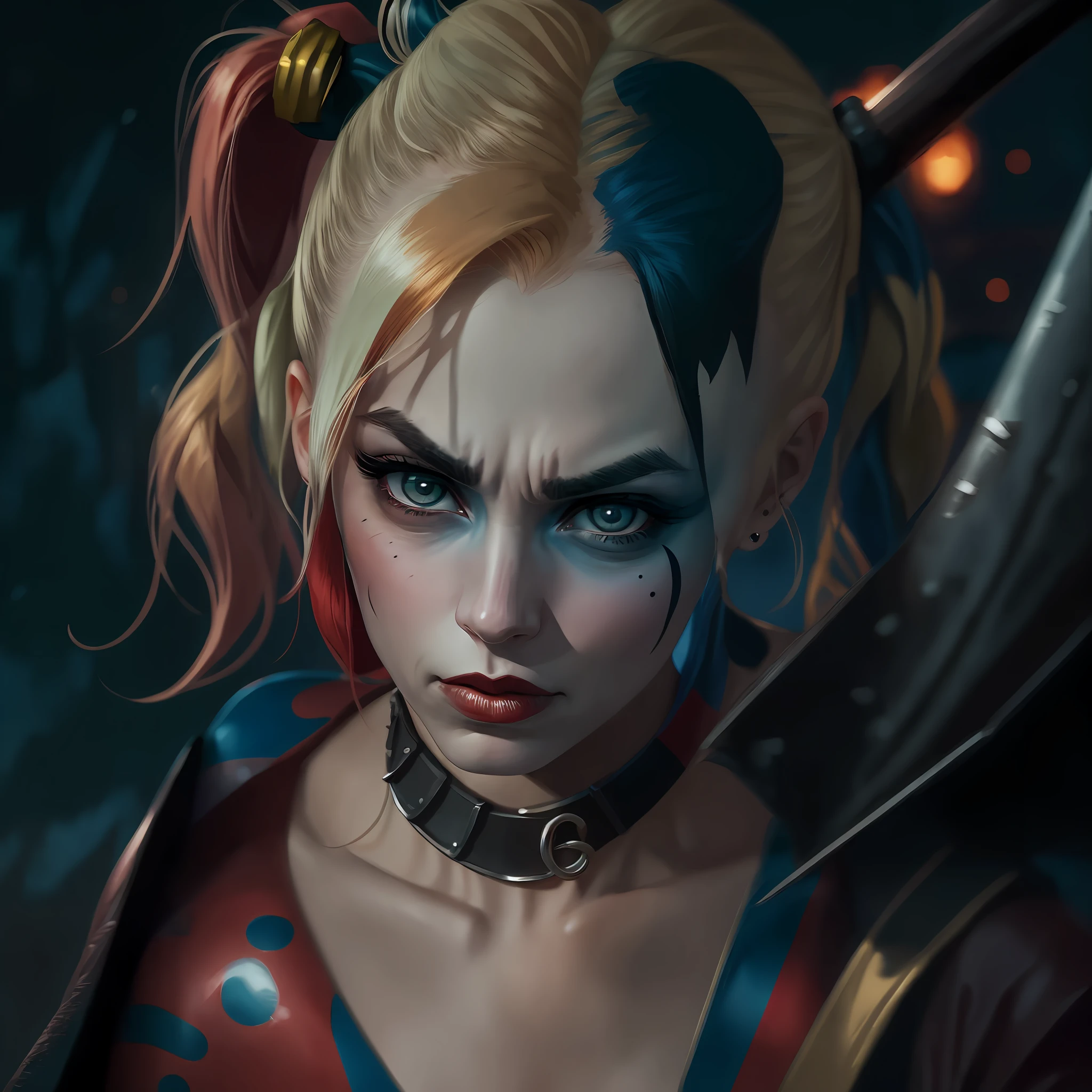 Harley Quinn, Serious face, ready to kill, seductive, flirty, holding bat, 8k, upscale --auto --s2