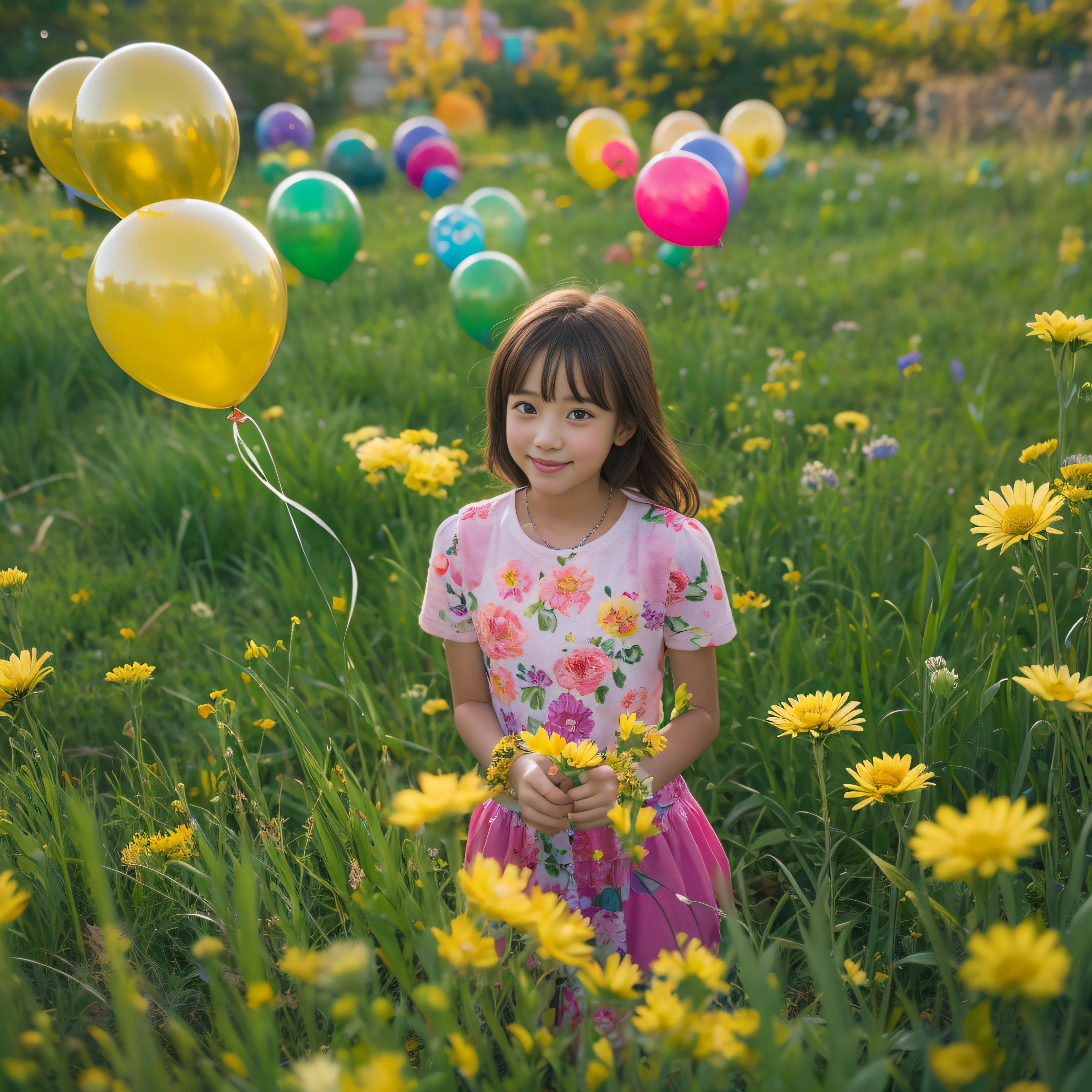 A 12-year-old girl holds flowers，There are colorful balloons floating in the sky，grassy fields,Dance,Holding flowers，cheerfulness，Rejoice，Perfect quality，Clear focus（Clutter - home：0.8）， （tmasterpiece：1.2） （realisticlying：1.2） （Bokeh） （best qualtiy） （detailedskin：1.3） （complexdetails） （8K） （detailedeyes） （Sharp focus）,（having fun）