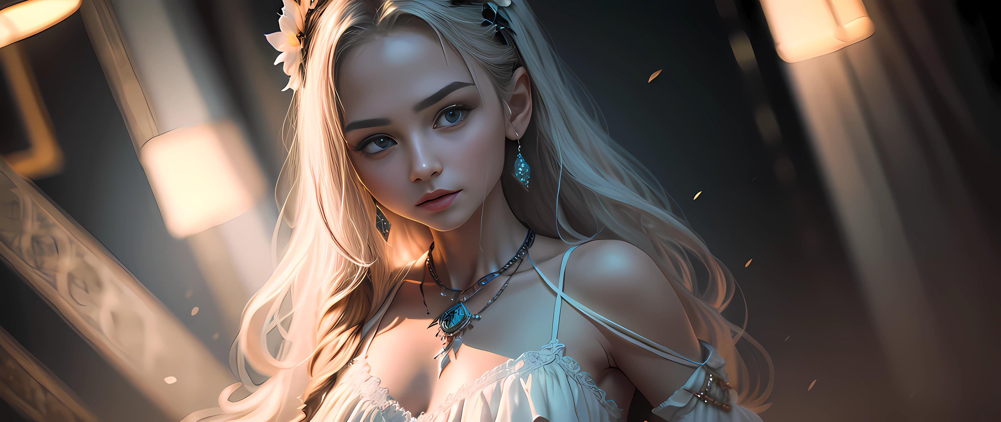 best quality, masterpiece, highres, 1girl, porcelain dress, hair ornament, necklace, jewelry, beautiful face, upon_body, tyndall effect, photorealistic, dark studio, edge lighting, two-tone lighting, (high detail skin: 1.2), 8k UHD, DSLR, soft lighting, high quality, volumetric lighting, candida, photography, high resolution, 4k, 8k, Bokeh, --auto