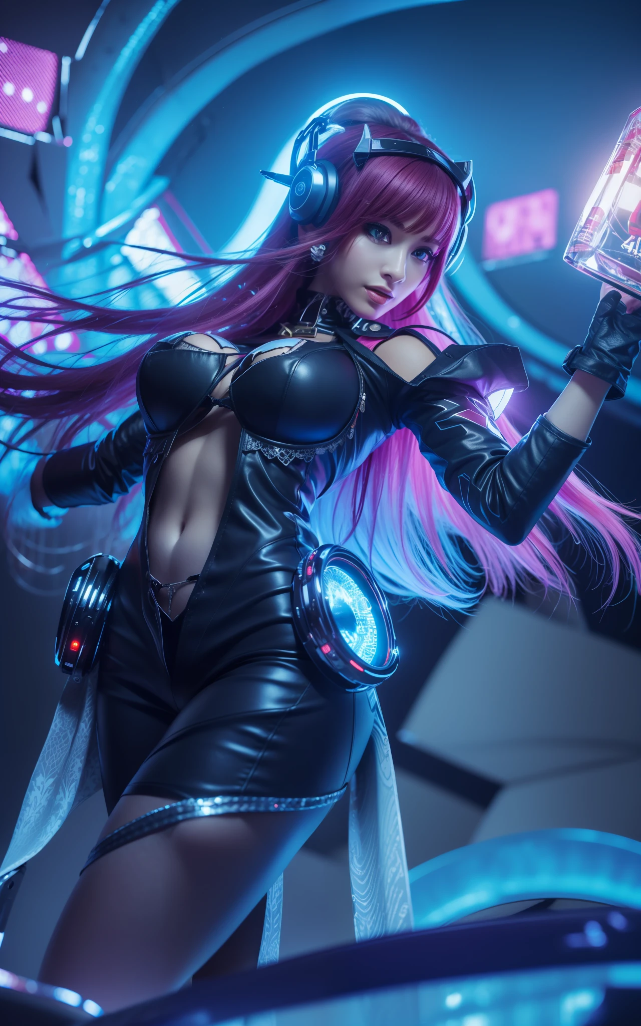 ((Best Quality, 4K, Masterpiece: 1.3)), (Detailed: 1.4), a woman in a futuristic outfit holding a glowing light, kda, style league of legends, oppai cyberpunk, cyberpunk girl, cyberpunk outfit, a woman with cyberpunk outfit and headphone, natural smile, beauty smile, beauty eyes, perfect eyes, Big Breast, Huge Breast, Big Butt, Nice thigh, 4K, HD, Ultra Realistic, extremely detailed
