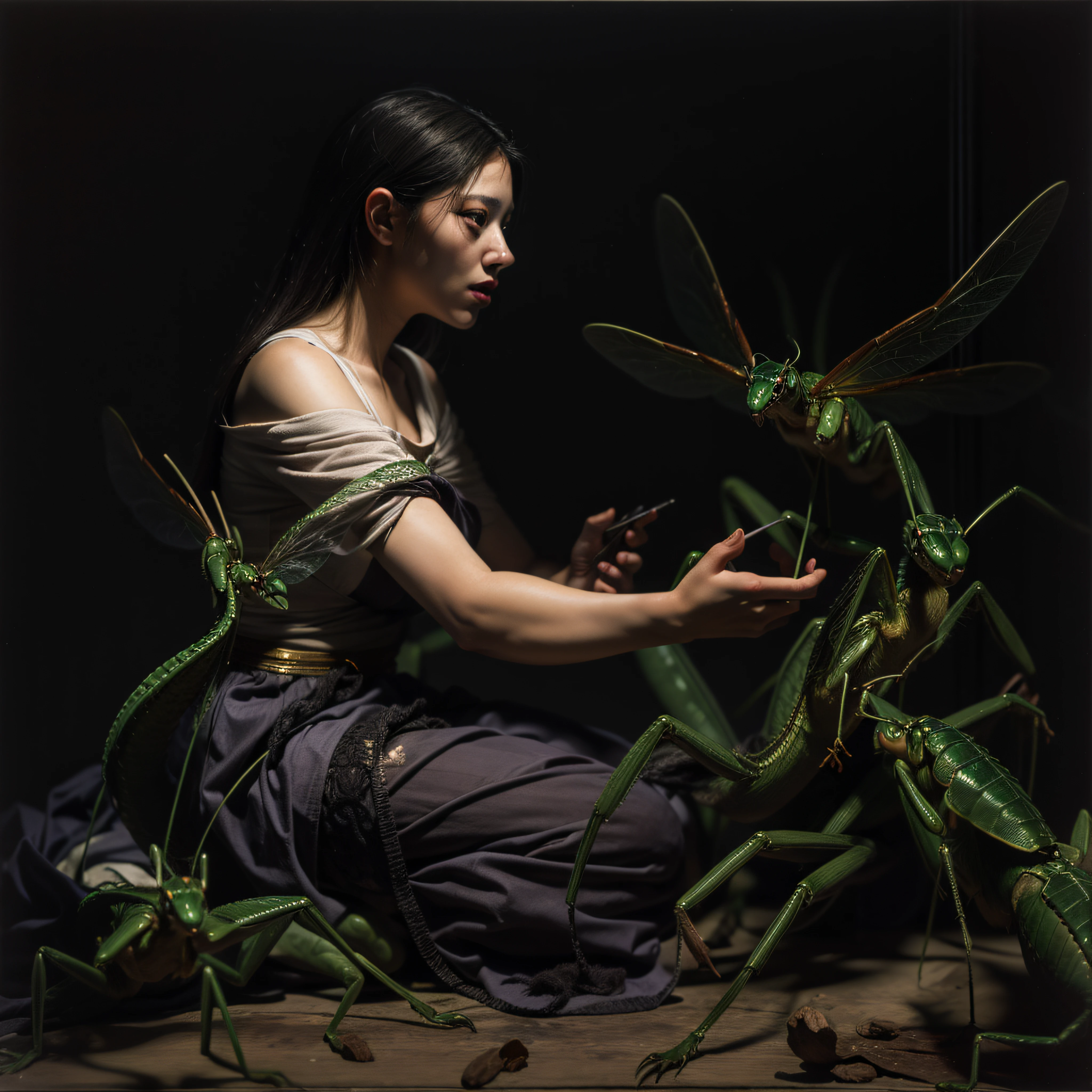 "((Obra maestra))(The best lighting, alto contraste, oscuro, dramatic, Acabado fotorrealista),(manchas y desperfectos como de daguerrotipo).(mujer con brazos de mantis religiosa, insecto, monja, enfado),(Baphometh saca la lengua), viejos, lobos, gusanos, lombrices, Serpientes. Luz Caravaggio"