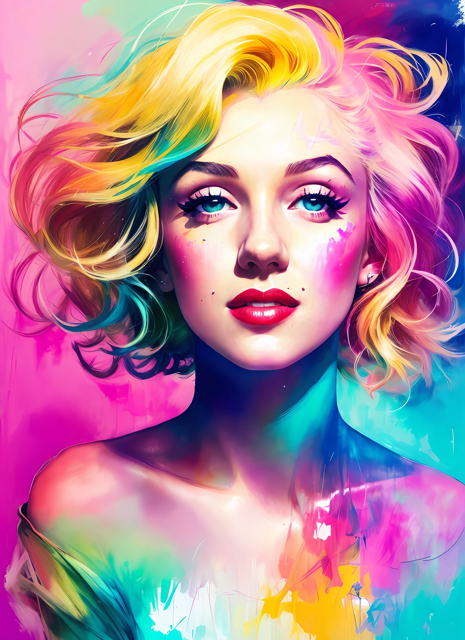 a painting by mse Marilyn Monroe by agnes cecile,1 girl, solo, luminous design, pastel colours, mute color, ink drips, autumn lights, Create a digital art work in pop art style, featureing a vibrant and confident woman with bold makeup and colorfull fashion, cinematic color scheme, surrounded by abstract flower patterns, energtic brush strokes, the mood should be dynamic.