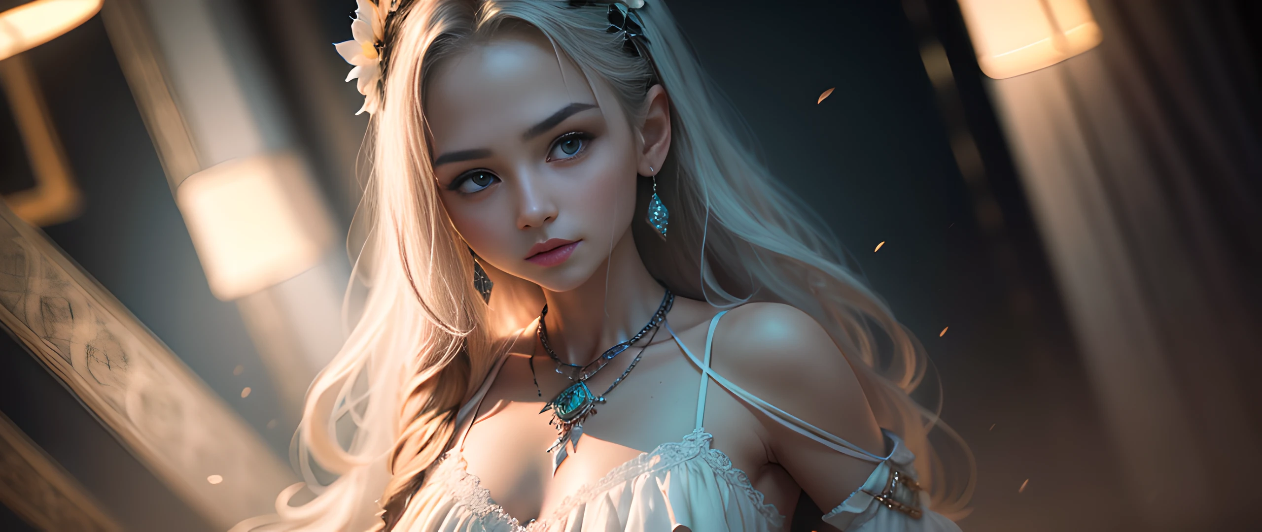 best quality, masterpiece, highres, 1girl, porcelain dress, hair ornament, necklace, jewelry, beautiful face, upon_body, tyndall effect, photorealistic, dark studio, edge lighting, two-tone lighting, (high detail skin: 1.2), 8k UHD, DSLR, soft lighting, high quality, volumetric lighting, candida, photography, high resolution, 4k, 8k, Bokeh, --auto
