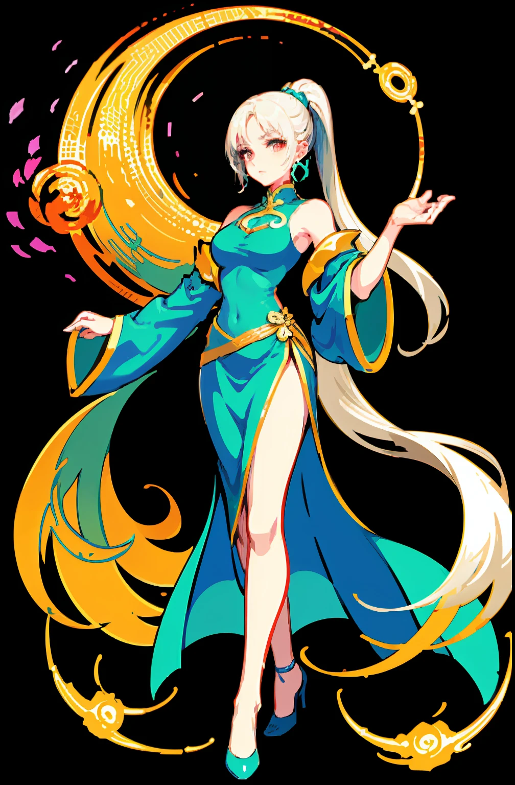 (offcial art:1.5,品质最佳,finedetail)full bodyesbian,Beautiful white girl,Chinese mythology style fantasy world costume,white skirt,Long, Flowing white hair,Very long ponytail,refined demeanor,A faint sad expression,Heroic,The body is graceful,beautifullegs,perfect bodies,Elegant and flowing。