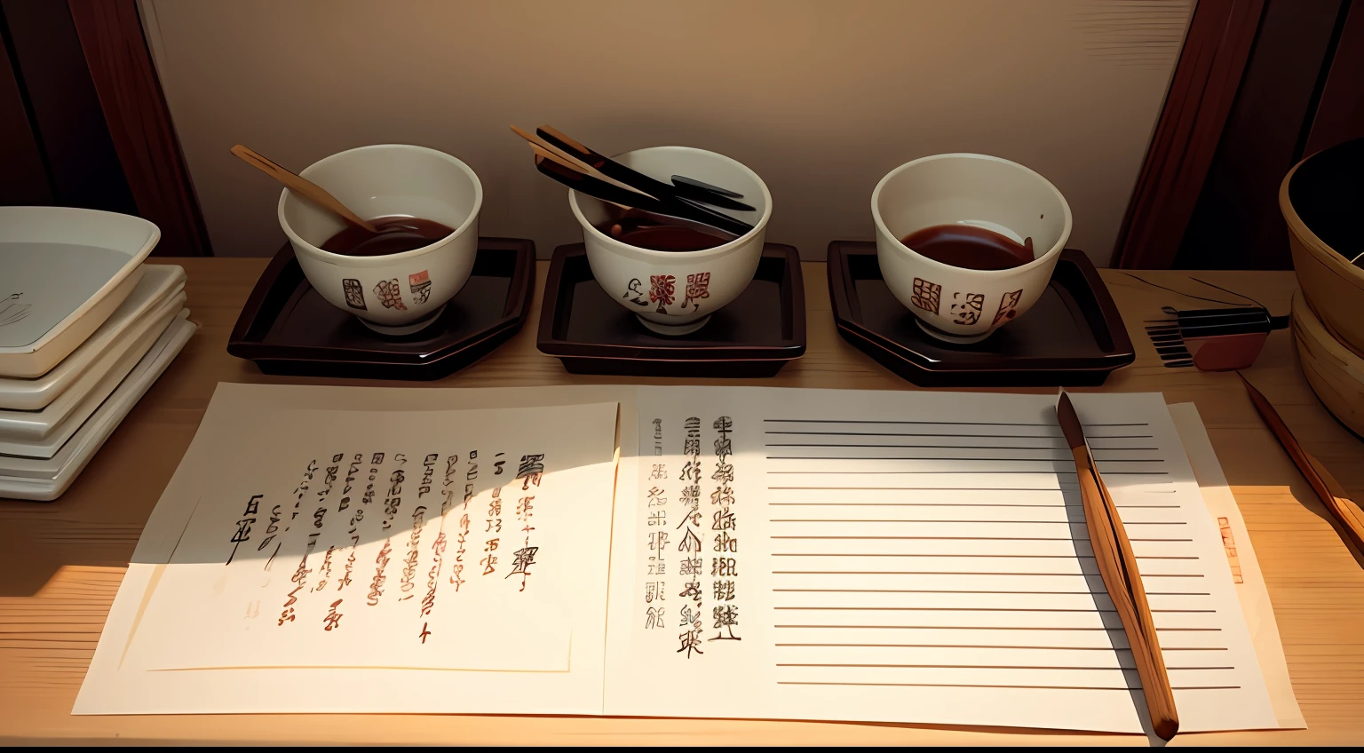 A bunch of Chinese brushes hung on the brush holder,On the rice paper is written the Orchid Pavilion Preface of Chinese Calligraphy Wang Xizhi --auto
