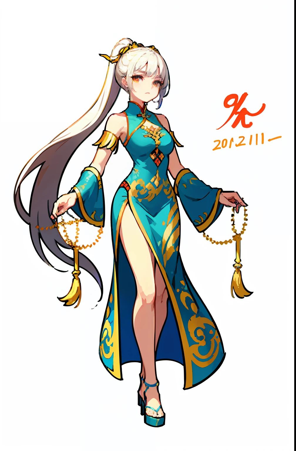 (offcial art:1.5,品质最佳,finedetail)full bodyesbian,Beautiful white girl,Chinese mythology style fantasy world costume,white skirt,Long, Flowing white hair,Very long ponytail,refined demeanor,A faint sad expression,Heroic,The body is graceful,beautifullegs,perfect bodies,Elegant and flowing。