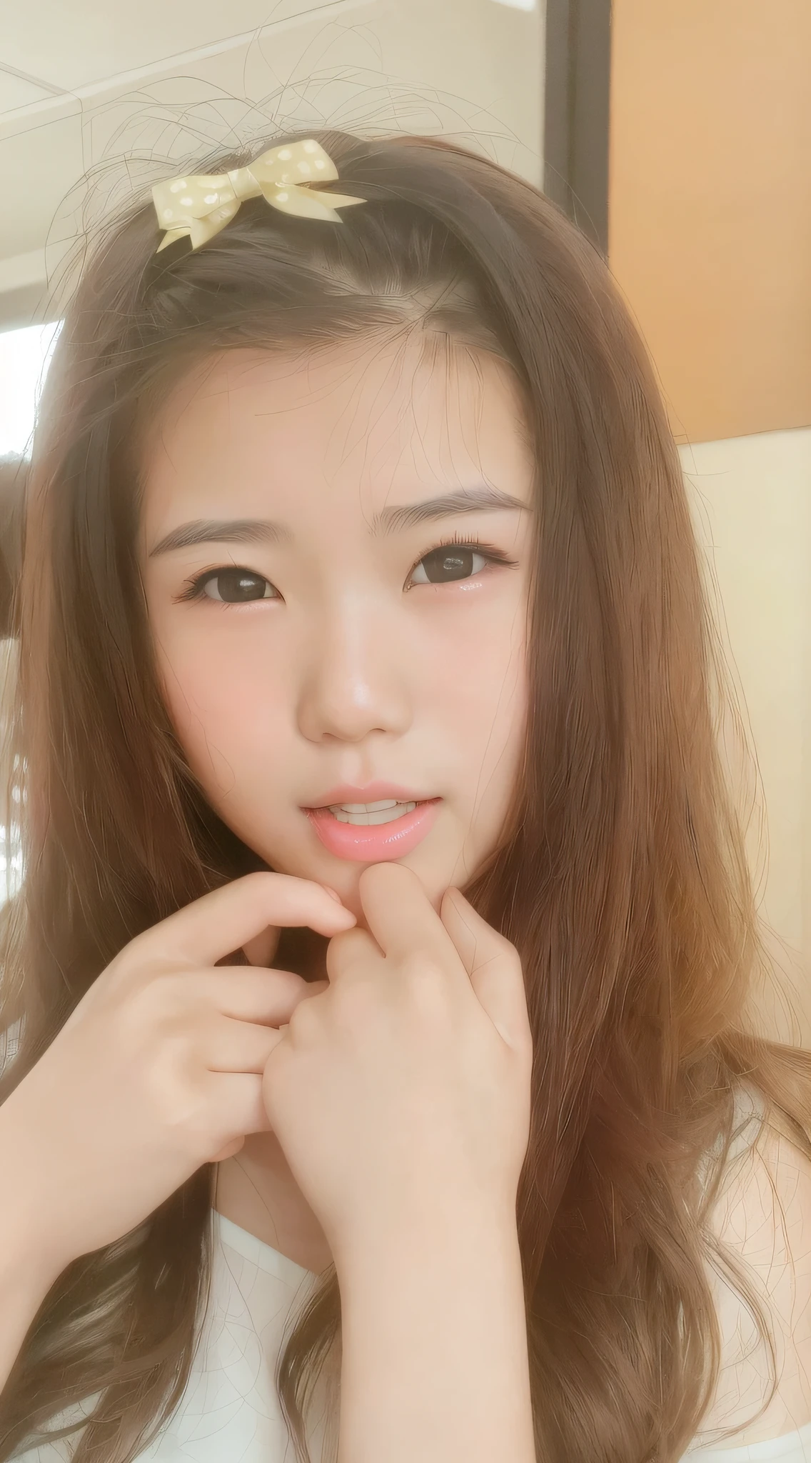 there is a young girl that is posing for a picture, young cute wan asian face, chiho, kotegawa yui, young lovely Korean faces, wan adorable korean face, Chiho ashima, Realistic young gravure idol, Young gravure idol, portrait of a japanese teen, young pretty gravure idol, beautiful Japanese girl face, harumi