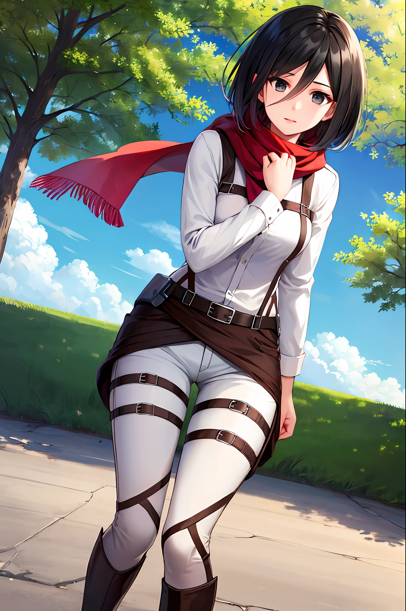masterpiece, best quality, highres, hmmikasa, short hair, black eyes, scarf, belt, thigh strap, red scarf, white pants, white shirt, outdoors,