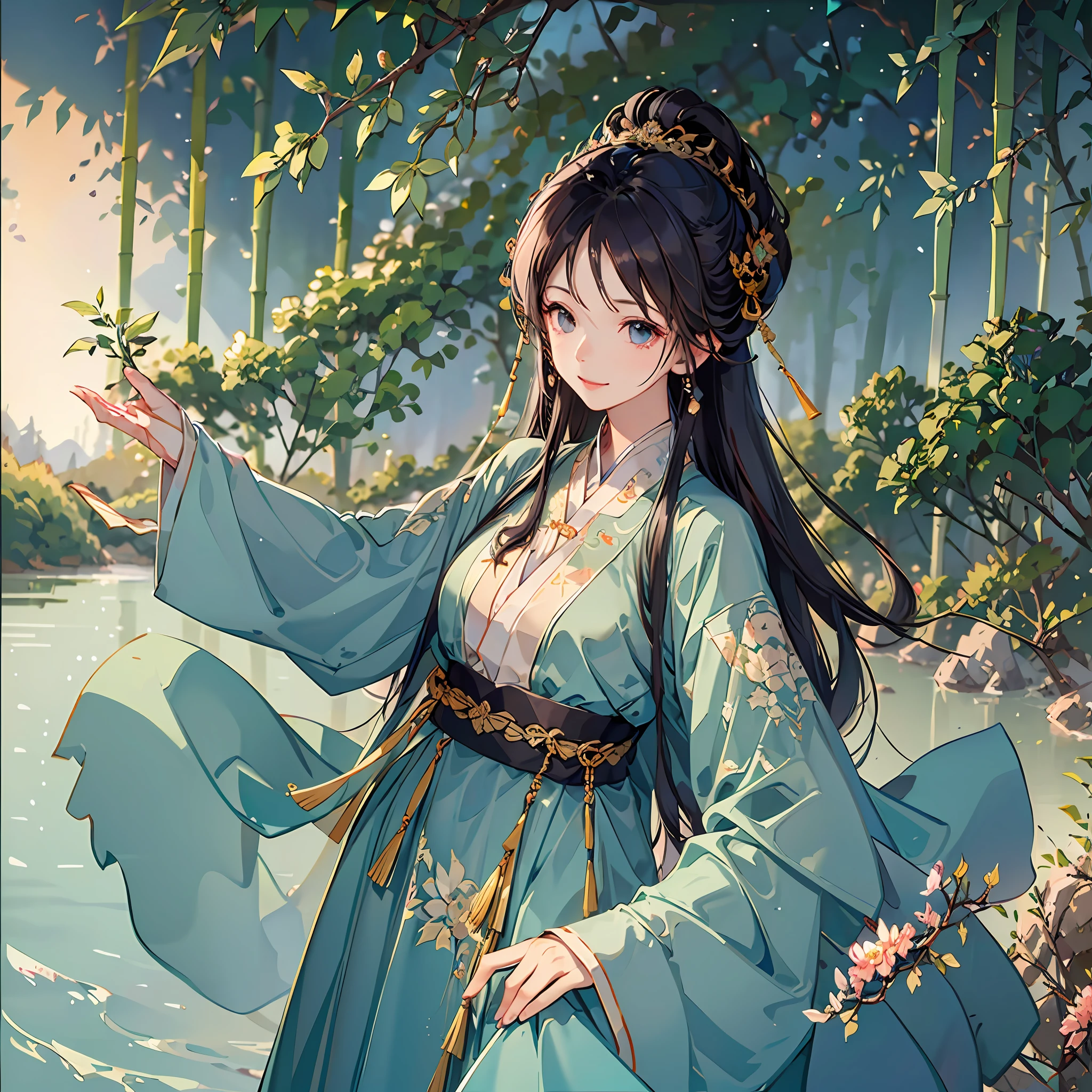 (masterpiece), best quality, good anatomy, shuimobysim, (1 girl: 1), (upper body), (smile), short hair, (hanfu), (ecchi0.5), (trees: 0.5), (flowers: 0.6), (wooden house: 0.2), (bamboo forest: 0.2), (stream: 0.2), (river: 0.2), plump breasts, Tall figure --auto