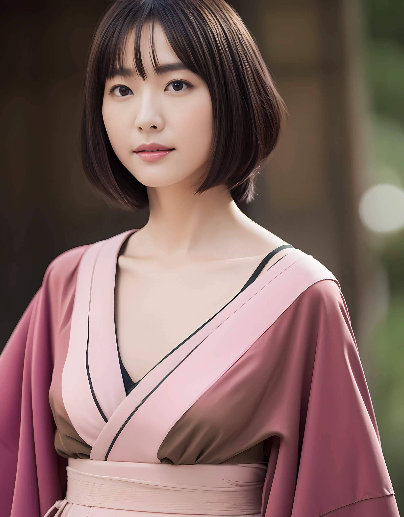 Japanese female model with petite features, light olive skin, dark almond eyes, black bob haircut, in a pink kimono. (8K, Best Quality : 1.2), (Masterpiece, Photorealistic : 1.3), Super Detail, anatomically correct