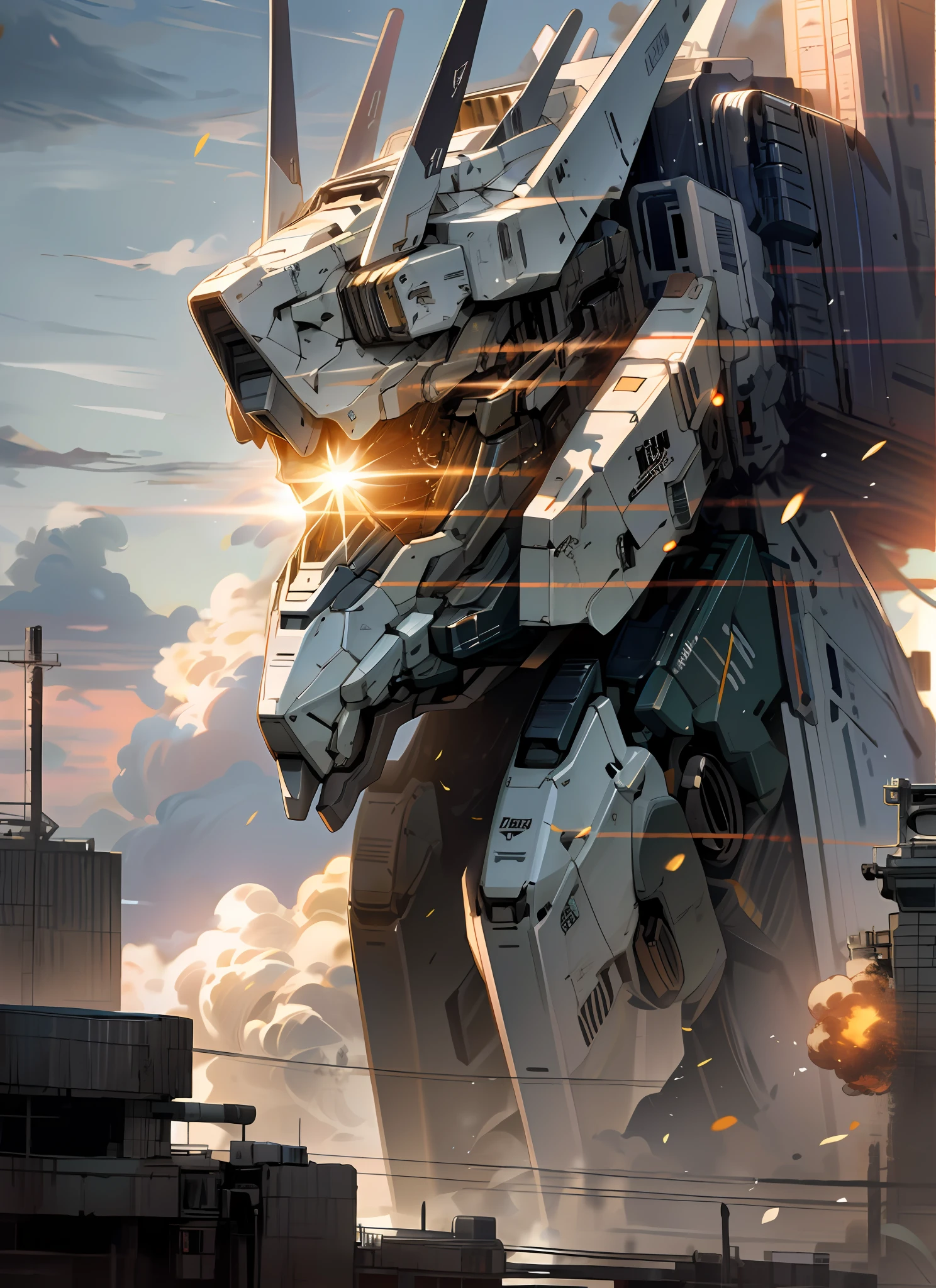 sky, cloud, no_humans, glowing, big Canon as a weapon, Full size Zoids, robot, building, glowing_eyes, mecha, science_fiction, burning city, realistic, mecha