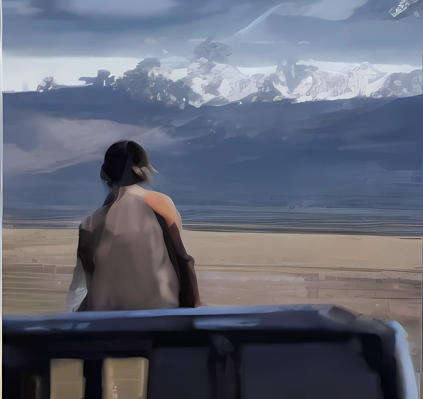 Arafeld man sits on the roof of a jeep,Looking out over the vast plains, film Silk Road landscape, Mongolia, looking at the mountains, still from nature documentary, large mountains in back, omar shanti himalaya tibet, still from nature documentary, epic mountains in the background, mountain in background, mountain scene. cinematic Film still from, with mountains in the distance