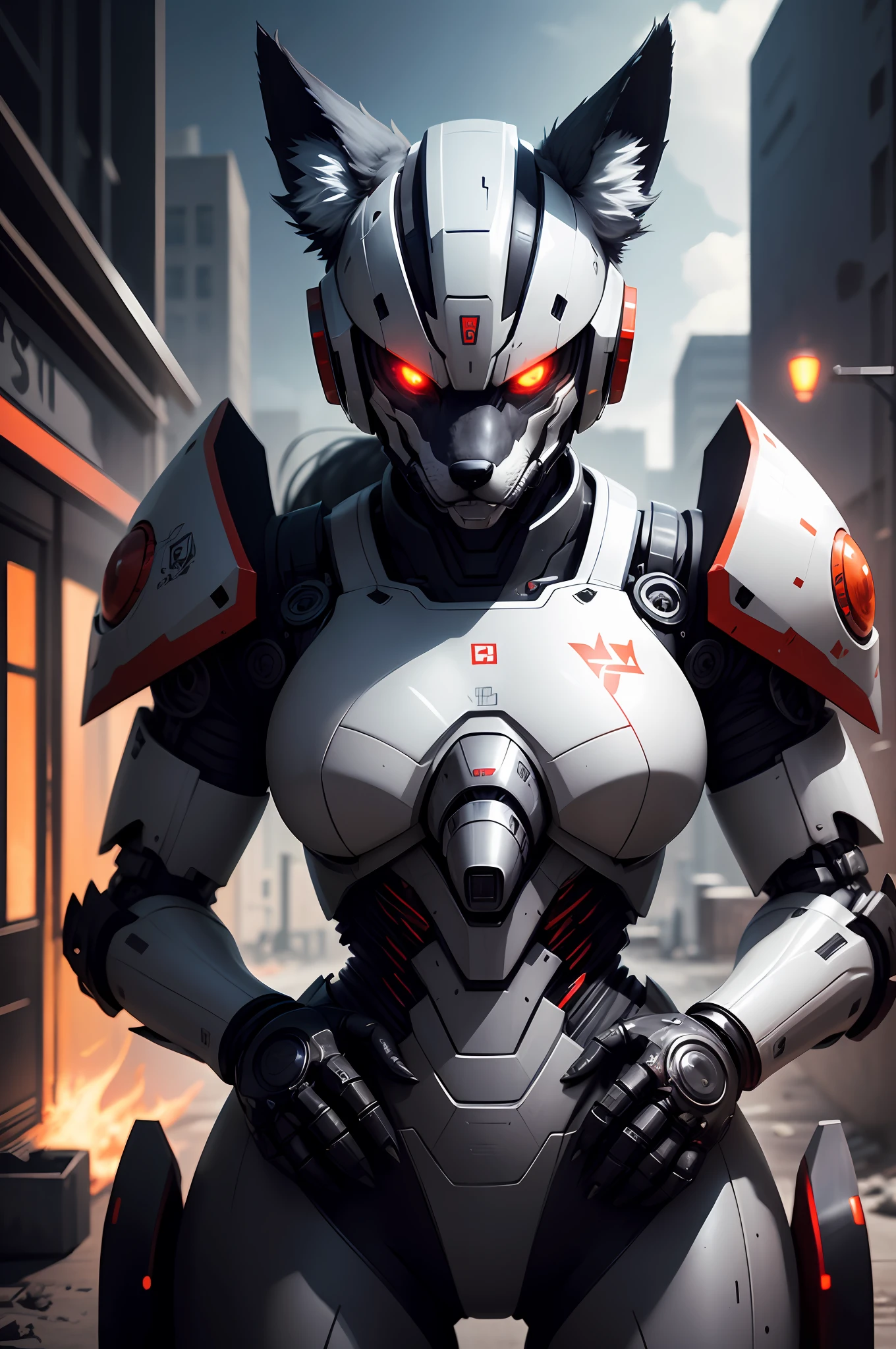 Anime - Artwork in the style of demonic monsters,eyes glowing, Robot Wolf Mech, Portrait of a cyborg wolf, Sharp and smooth half-machine wolf head, Sharp cyborg wolf head, Badass anime 8 K, Smooth mech head, Best anime 4k konachan wallpaper, Concept art wallpaper 4K, Digital cyberpunk anime art, Robot wolf head --auto