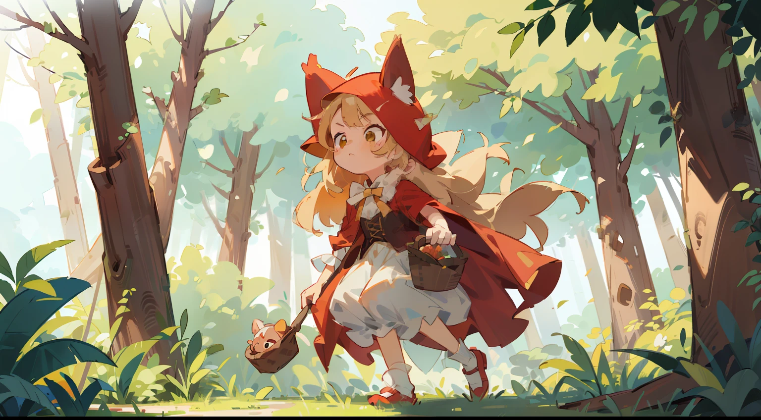 (RedHoodWaifu:1), 1girl,Fruit basket in hand, cute, (disheed hair, blond hairbl, long whitr hair), (red hood, cape, corset, dress), cute pose, (realistic:1.2), (realism), (masterpiece:1.2), (best qualtiy),(ultra - detailed),(8k,4k,复杂),(Full body photo:1),(Cowboy photos:1.2),(85mm),light particules,illuminating,(The is very detailed:1.2 ),(detail in face:1.2),(Gradient),sfw,colorful,(eye detailed:1.2),(Landscape details,ln the forest,vegetation,House details:1.2),(background detail),Scenic details,(dynamic angle:1.2 ), (dynamic pose:1.2), (third_composition:1.3), (line of action:1.2), wide shot, daylight, solo