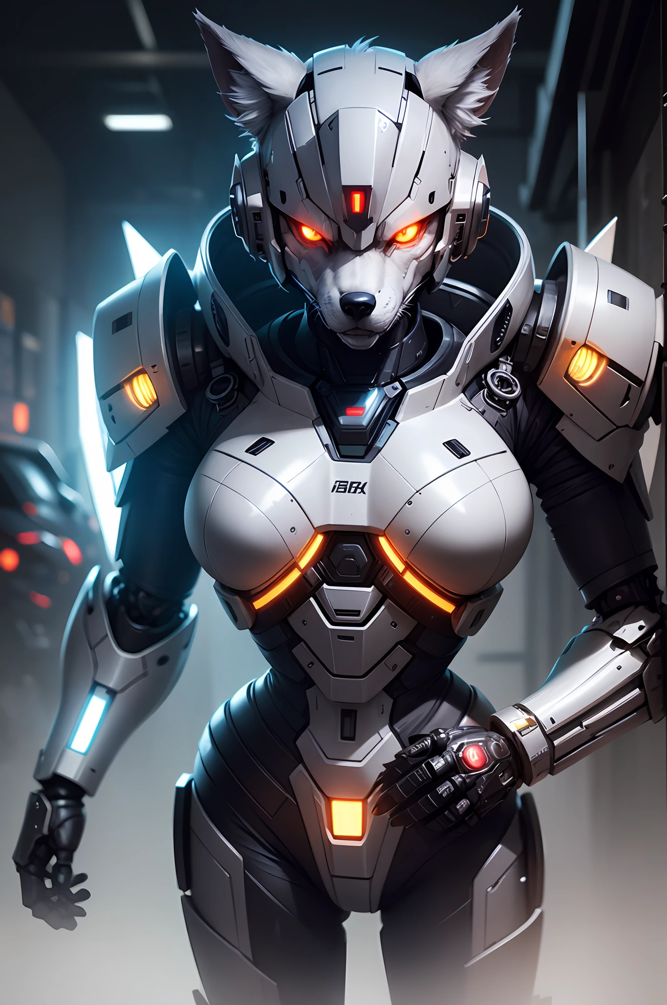 Anime - Artwork in the style of demonic monsters,eyes glowing, Robot Wolf Mech, Portrait of a cyborg wolf, Sharp and smooth half-machine wolf head, Sharp cyborg wolf head, Badass anime 8 K, Smooth mech head, Best anime 4k konachan wallpaper, Concept art wallpaper 4K, Digital cyberpunk anime art, Robot wolf head --auto
