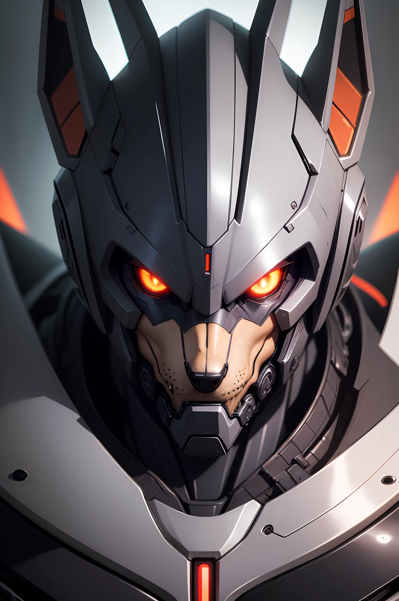 Anime - Artwork in the style of demonic monsters,eyes glowing, Robot Wolf Mech, Portrait of a cyborg wolf, Sharp and smooth half-machine wolf head, Sharp cyborg wolf head, Badass anime 8 K, Smooth mech head, Best anime 4k konachan wallpaper, Concept art wallpaper 4K, Digital cyberpunk anime art, Robot wolf head --auto