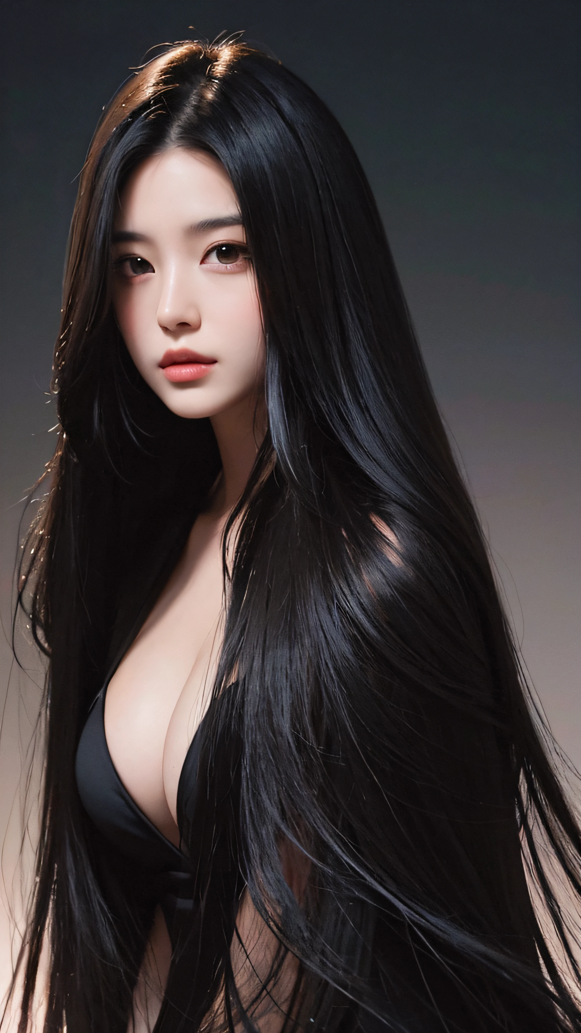 best qualtiy, tmasterpiece, 超高分辨率, (realisticlying:1.5),arafed woman with long black hair posing for a picture ,RAW photogr,perfect figure beautiful woman:1.4, in the darkness nigth, deep shading, low tune, cold light,long whitr hair,Dark brown background,closeup cleavage, Female with long black hair, long windblown black hair, perfect silky straight hair, Long flowing black hair, Black silky hair, Thin, shiny long black hair, long thin black hair, long curvy black hair, The flowing black hair is long, long black shiny hair, Flowing black hair, long flowing dark hair,Magazine style