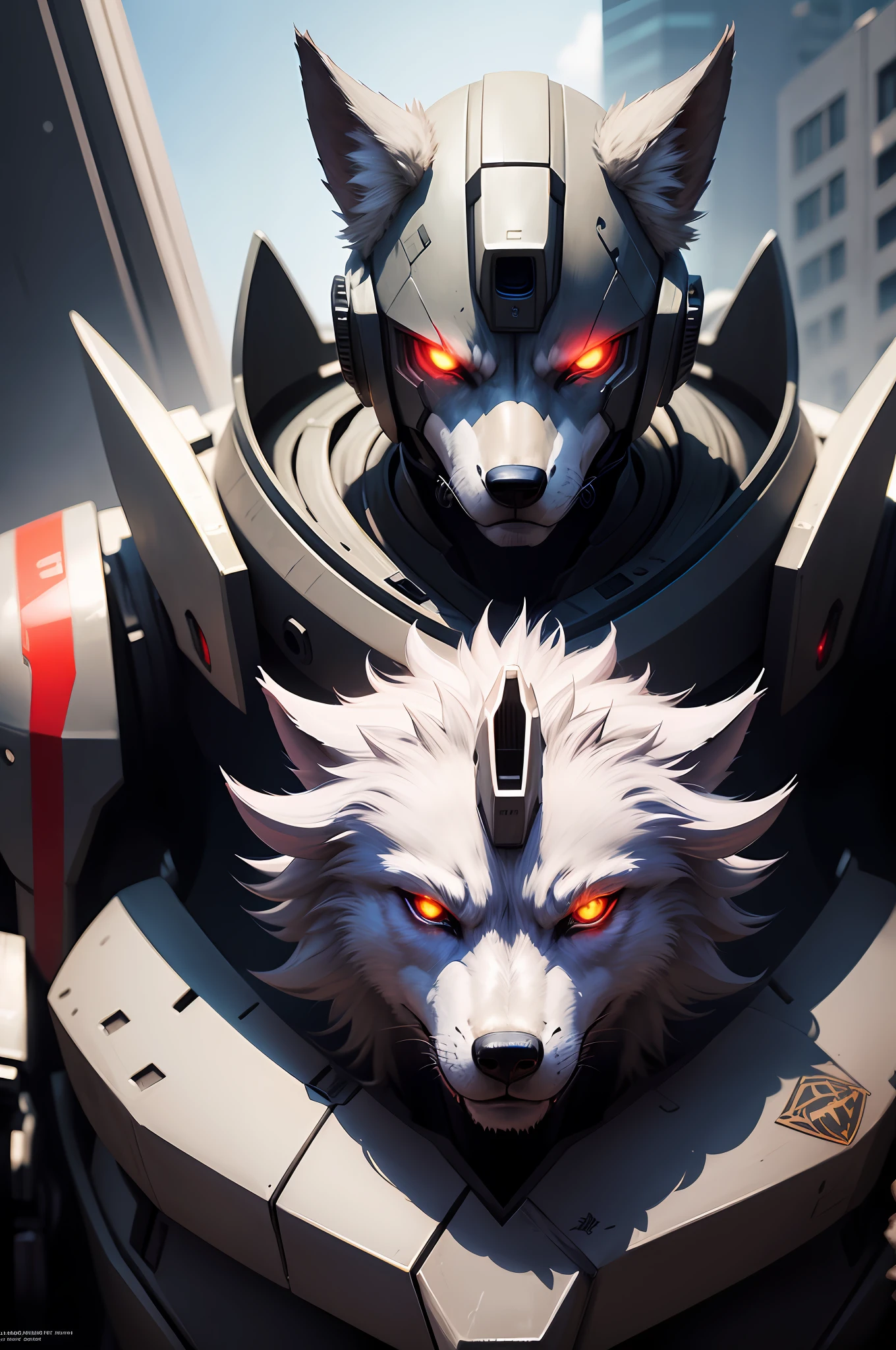 Anime - Artwork in the style of demonic monsters，eyes glowing, Robot Wolf Mech, Portrait of a cyborg wolf, Sharp and smooth half-machine wolf head, Sharp cyborg wolf head, Badass anime 8 K, Smooth mech head, Best anime 4k konachan wallpaper, Concept art wallpaper 4K, Digital cyberpunk anime art, Robot wolf head --auto