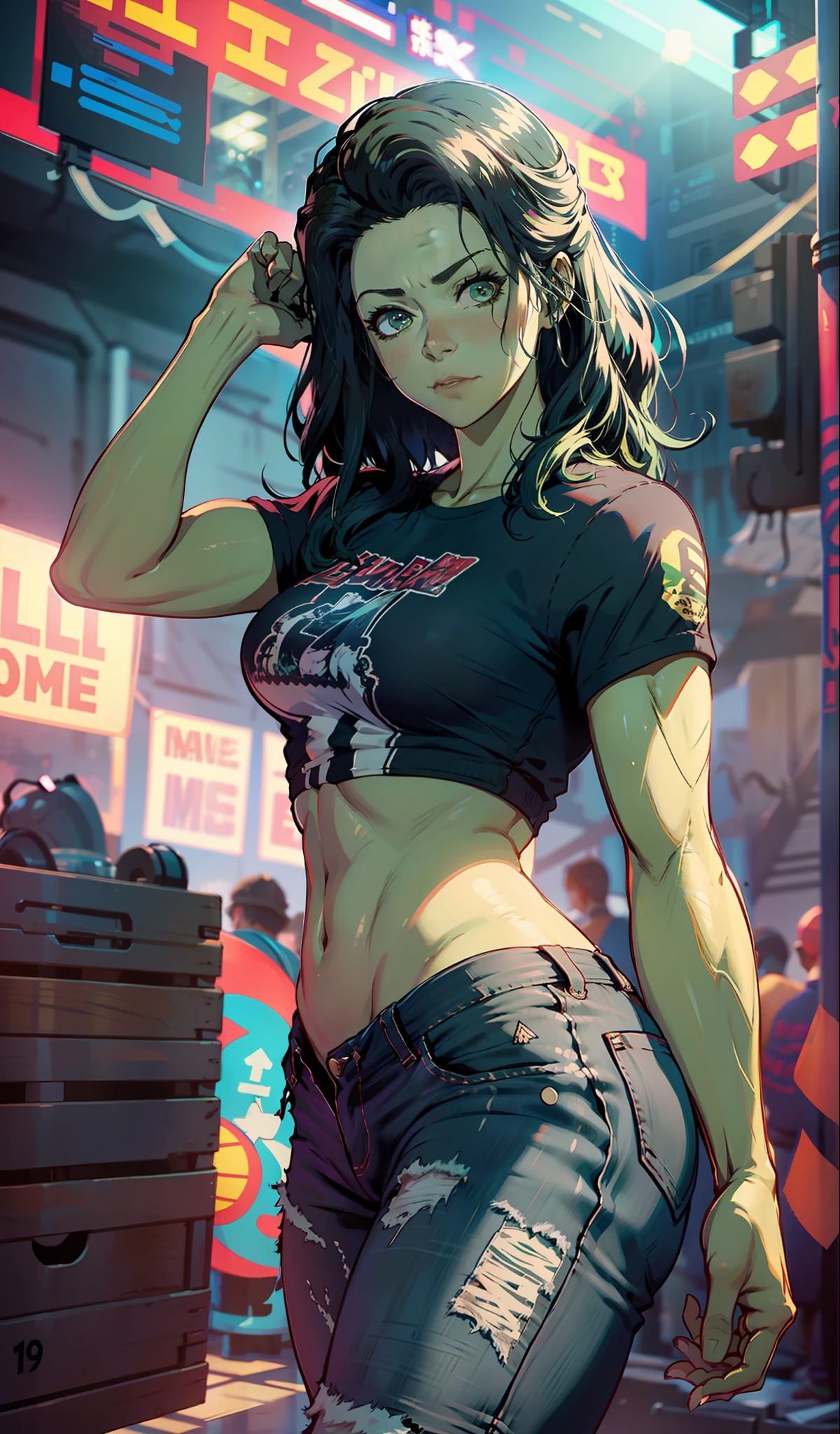 She-Hulk, muito sensual, com roupas de funkeira Lacoste, Oakley Juliet, brasileira, na cidade do rio de janeiro, Brasil, dancing funk, rebolando, bunda grande, pernas grossas, usando um short jeans extremamente curto, showing a piece of ass, Micro Short Curto,  usando uma mini blusa, umbigo com pirsing, sneakers Nike, cabelo comprido, caixa de som  JBL no fundo, favela no fundo, periferia no fundo, corpo inteiro, muito realista, extremamente Realista, extremamente sexy, 8k, 8k extremamente detalhado), (um extremamente delicado e bonito), (obra-prima), (melhor qualidade: 1.0), (ultra highres:1.0)