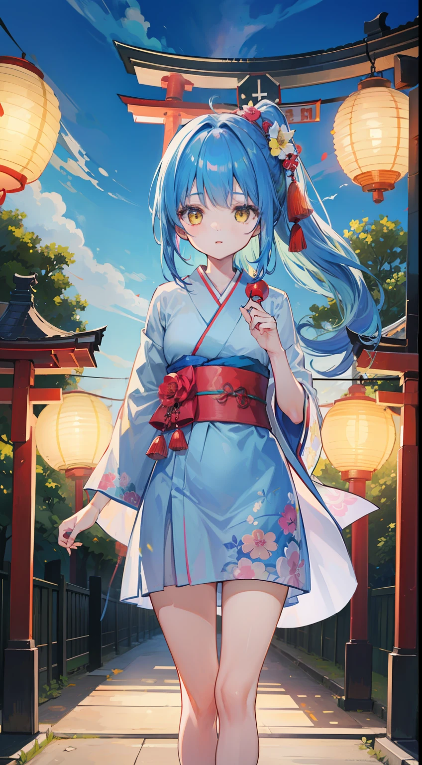 One girl、Blue-haired、poneyTail、Kimono Dresses、frilld、Ribbon band、​masterpiece、top-quality、Top image quality、cute little、Yellow eyes、paper lanterns、（（（natta）））、torii gate、shrines、lantern