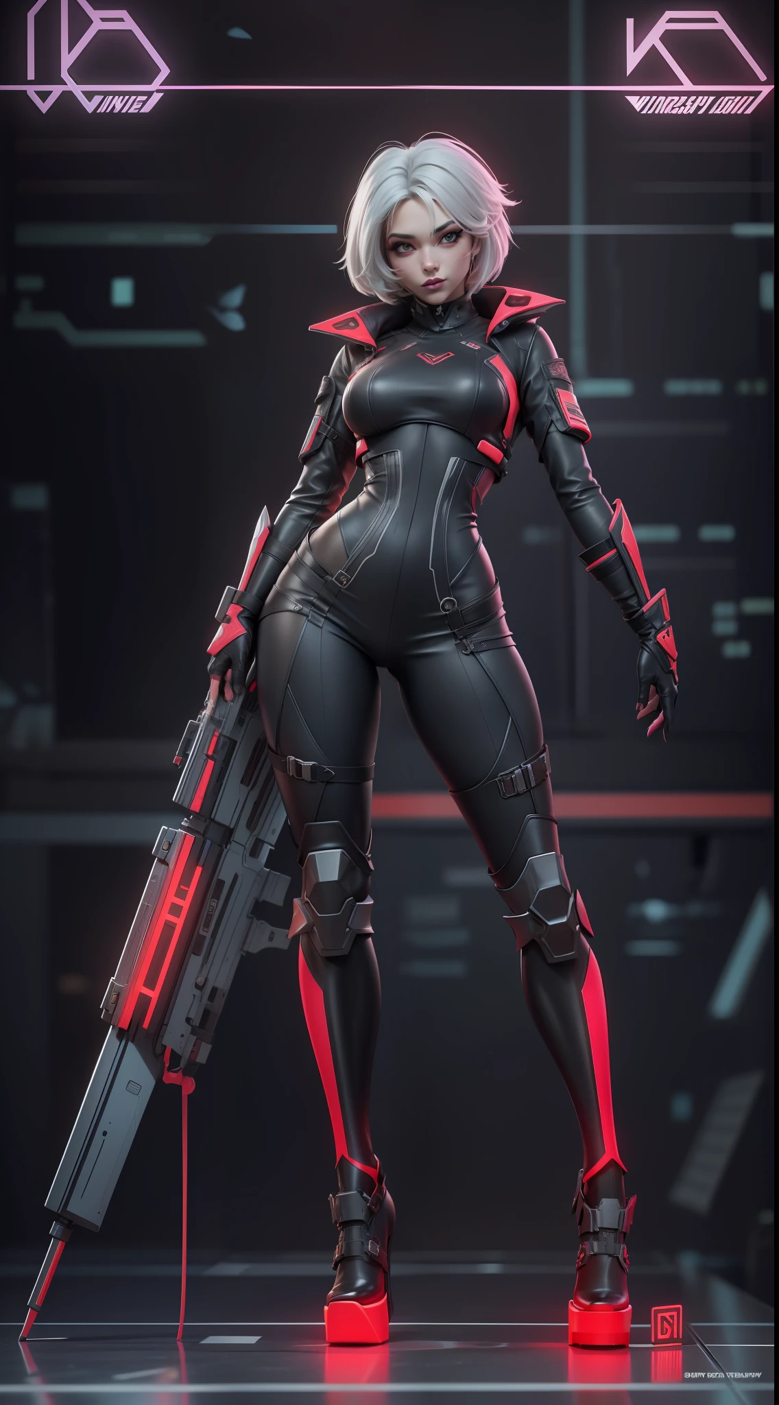 solo, super fine photo, full body photo picture Unreal Engine 5 8K UHD, half black and white color scheme futuristic tight and thick military tactical armor, slim body, cyberpunk design, latex long glove, latex thigh boots, black stocking, red neon light details, beautiful make up, best quality, masterpiece, unified 8k wallpaper, super detailed, sharp focus, sexy pose,