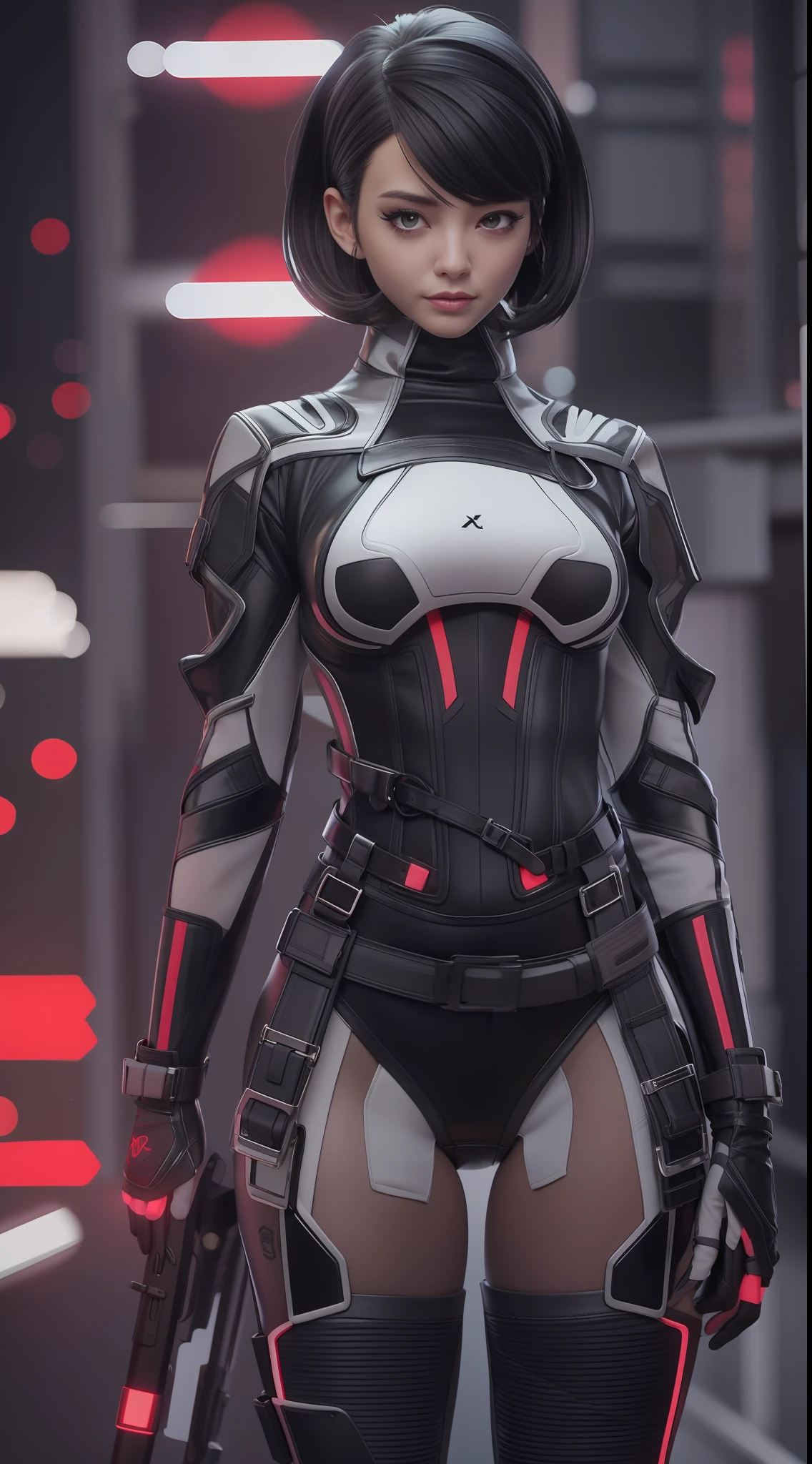 solo, super fine photo, upper half body photo portrait Unreal Engine 5 8K UHD, half black and white color scheme futuristic tight and thick military tactical armor, slim body, cyberpunk design, latex long glove, latex thigh boots, black stocking, red neon light details, beautiful make up, best quality, masterpiece, unified 8k wallpaper, super detailed, sharp focus, sexy pose,