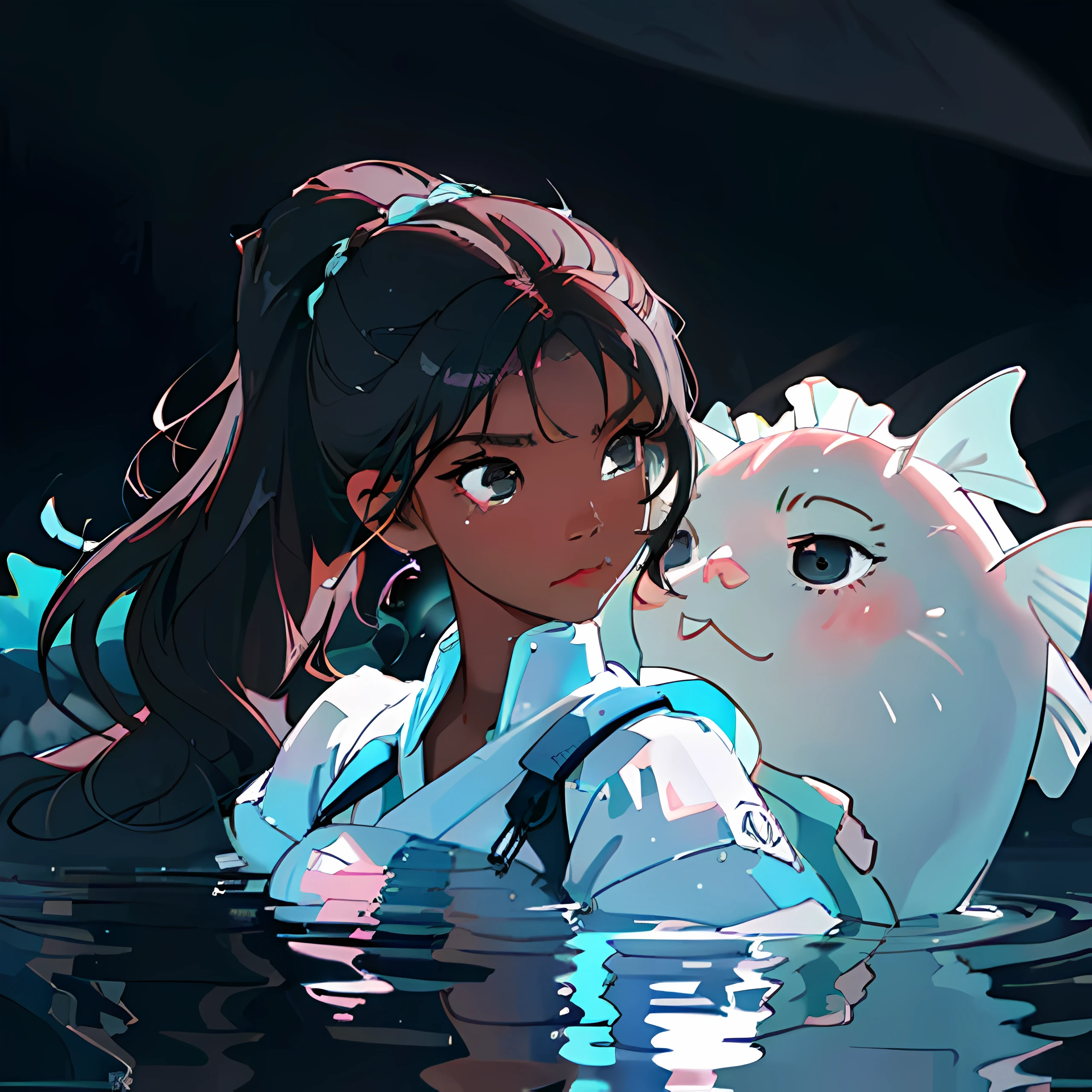 man, Floats, Under water, Pouting cheeks, floated hair, Hair up, (black-skinned:1.5),Closed mouth, rays of the sun, wet reflections, lightbulb, In coral reefs, Detal Face, The detail background is blurred, There is not much light on the model, Natural soft light, photograph realistic, Professional photo
